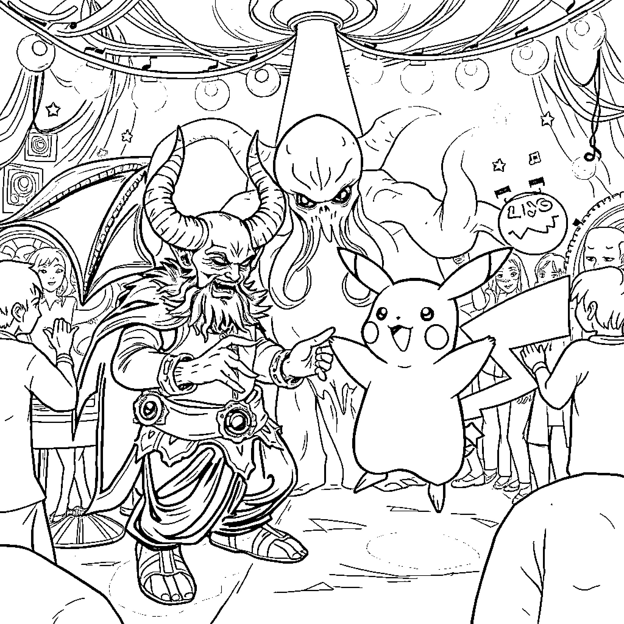 Satan's Demonic Circus Extravaganza Coloring Page (free black-and-white line drawing printable PDF for all, from beginners to advanced learners, including children, teens, adults, and seniors)