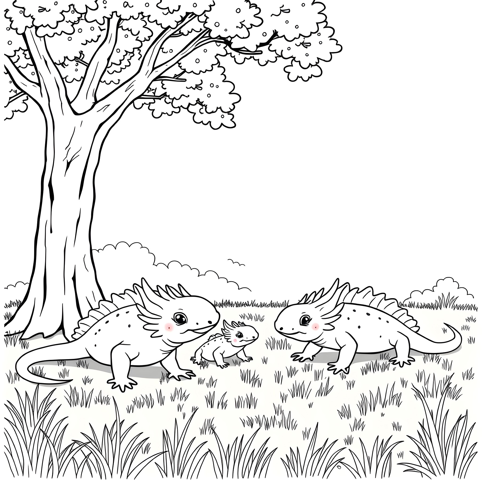 Axolotls exploring the enchanted forest Coloring Page (free black-and-white line drawing printable PDF for all, from beginners to advanced learners, including children, teens, adults, and seniors)