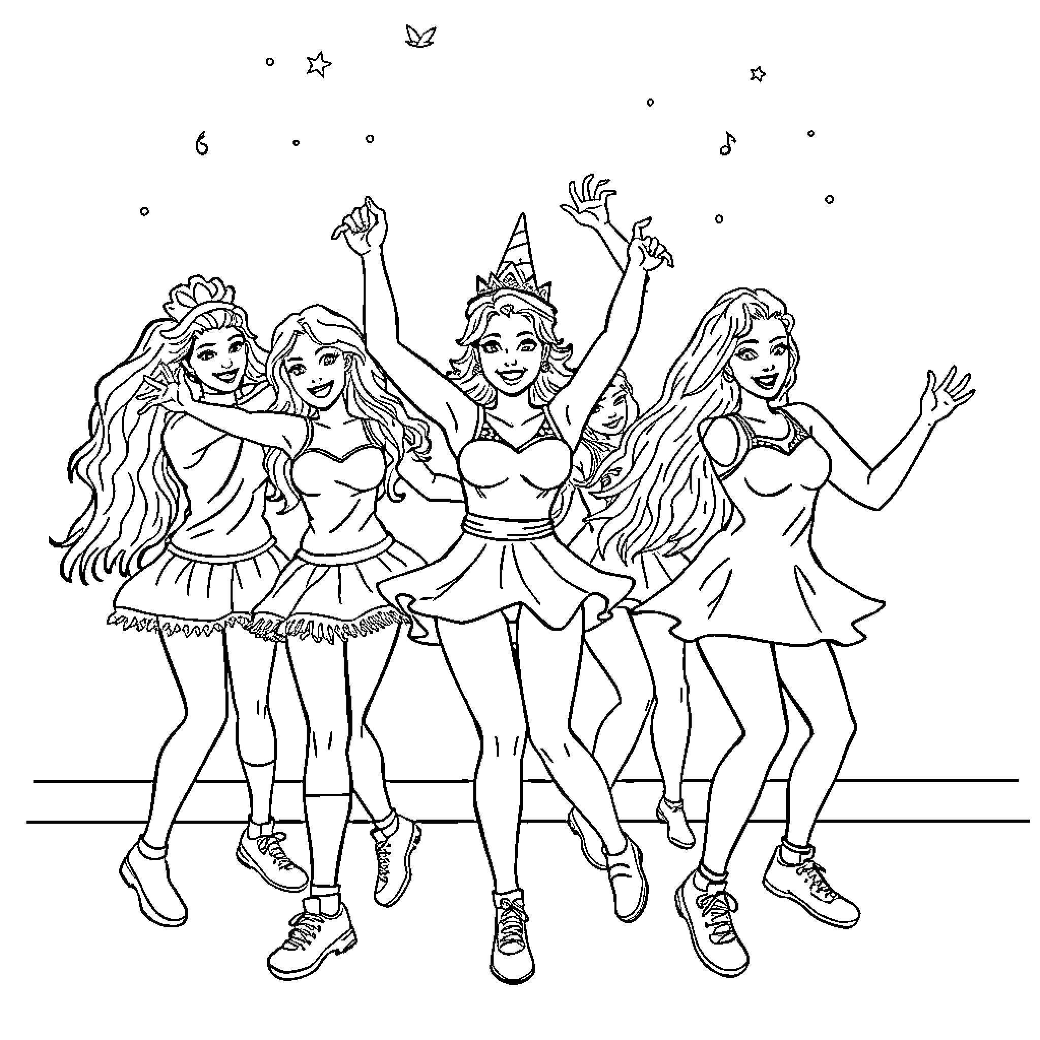 Aerobics workout with energetic young women Coloring Page (free black-and-white line drawing printable PDF for all, from beginners to advanced learners, including children, teens, adults, and seniors)