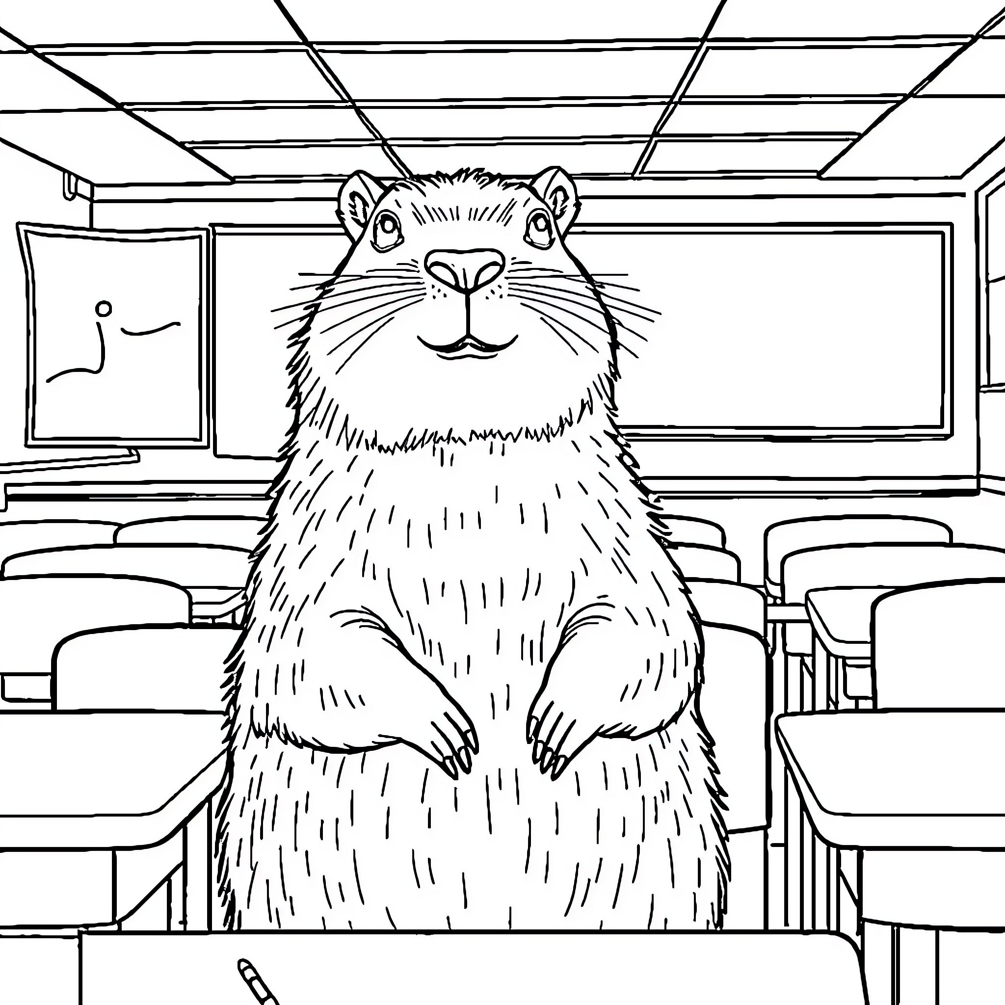 Capybara in the Classroom Coloring Page (free black-and-white line drawing printable PDF for all, from beginners to advanced learners, including children, teens, adults, and seniors)