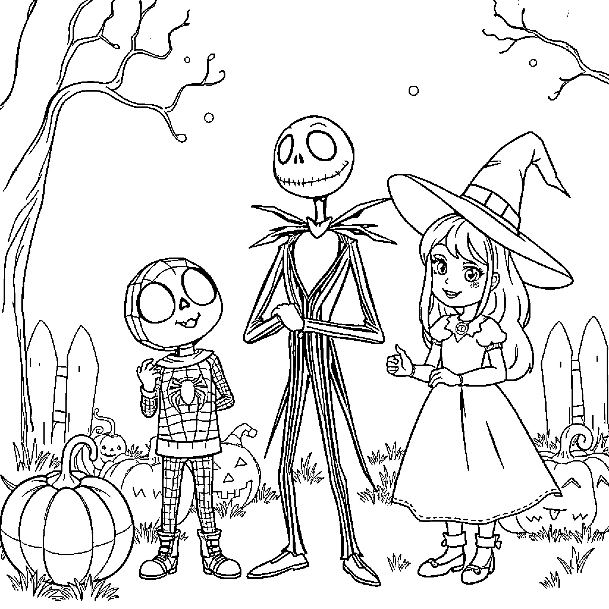Jack Skellington and friends in Halloween adventure Coloring Page (free black-and-white line drawing printable PDF for all, from beginners to advanced learners, including children, teens, adults, and seniors)