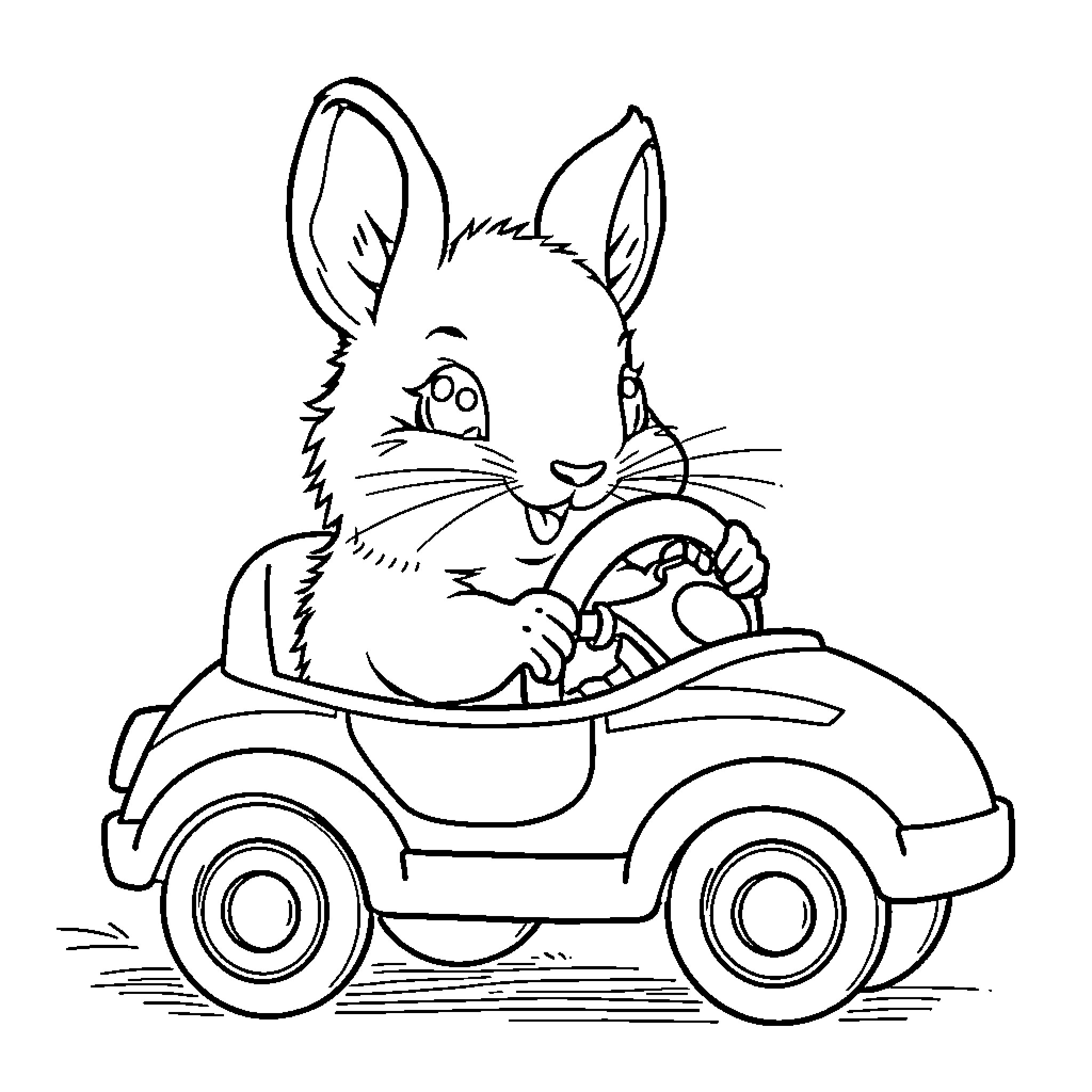 Pika Rabbit Driving Toy Car Coloring Page (free black-and-white line drawing printable PDF for all, from beginners to advanced learners, including children, teens, adults, and seniors)