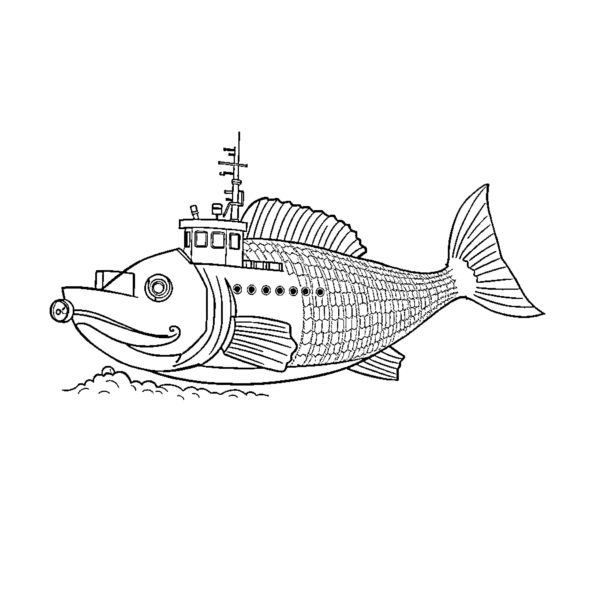 Tug Boat Carrying Unusual Cargo on the Waves Coloring Page (free black-and-white line drawing printable PDF for all, from beginners to advanced learners, including children, teens, adults, and seniors)
