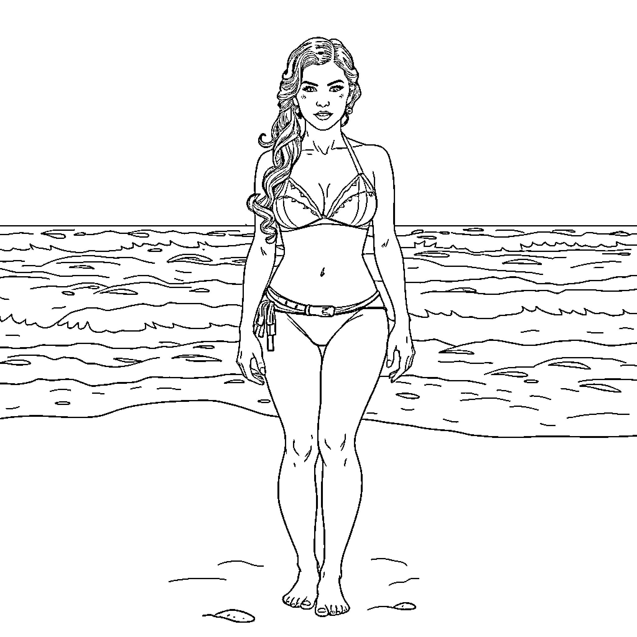 Leia's Beachside Splendor Coloring Page (free black-and-white line drawing printable PDF for all, from beginners to advanced learners, including children, teens, adults, and seniors)