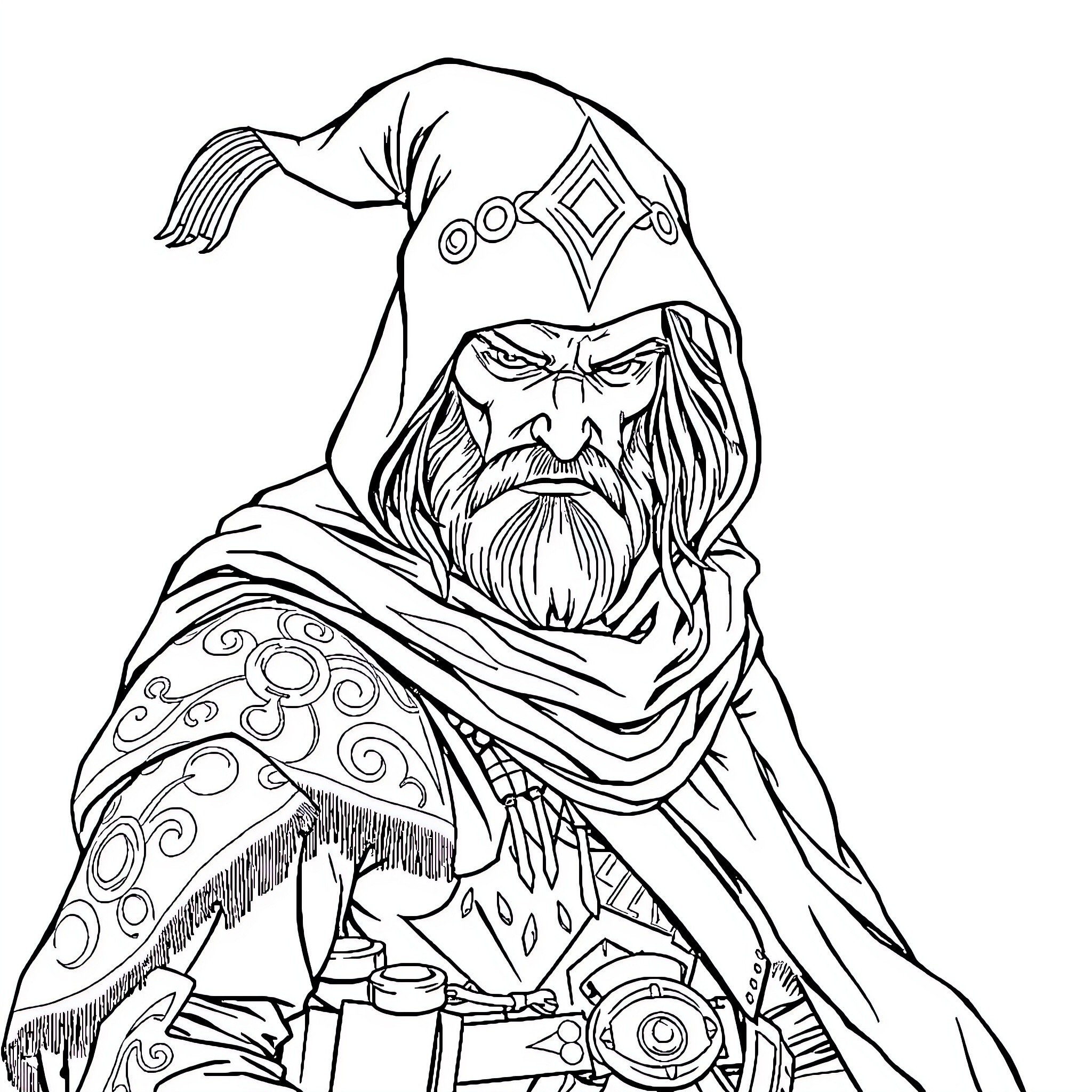 Gypsy Crusader in Mystical Robes and Ornaments Coloring Page (free black-and-white line drawing printable PDF for all, from beginners to advanced learners, including children, teens, adults, and seniors)