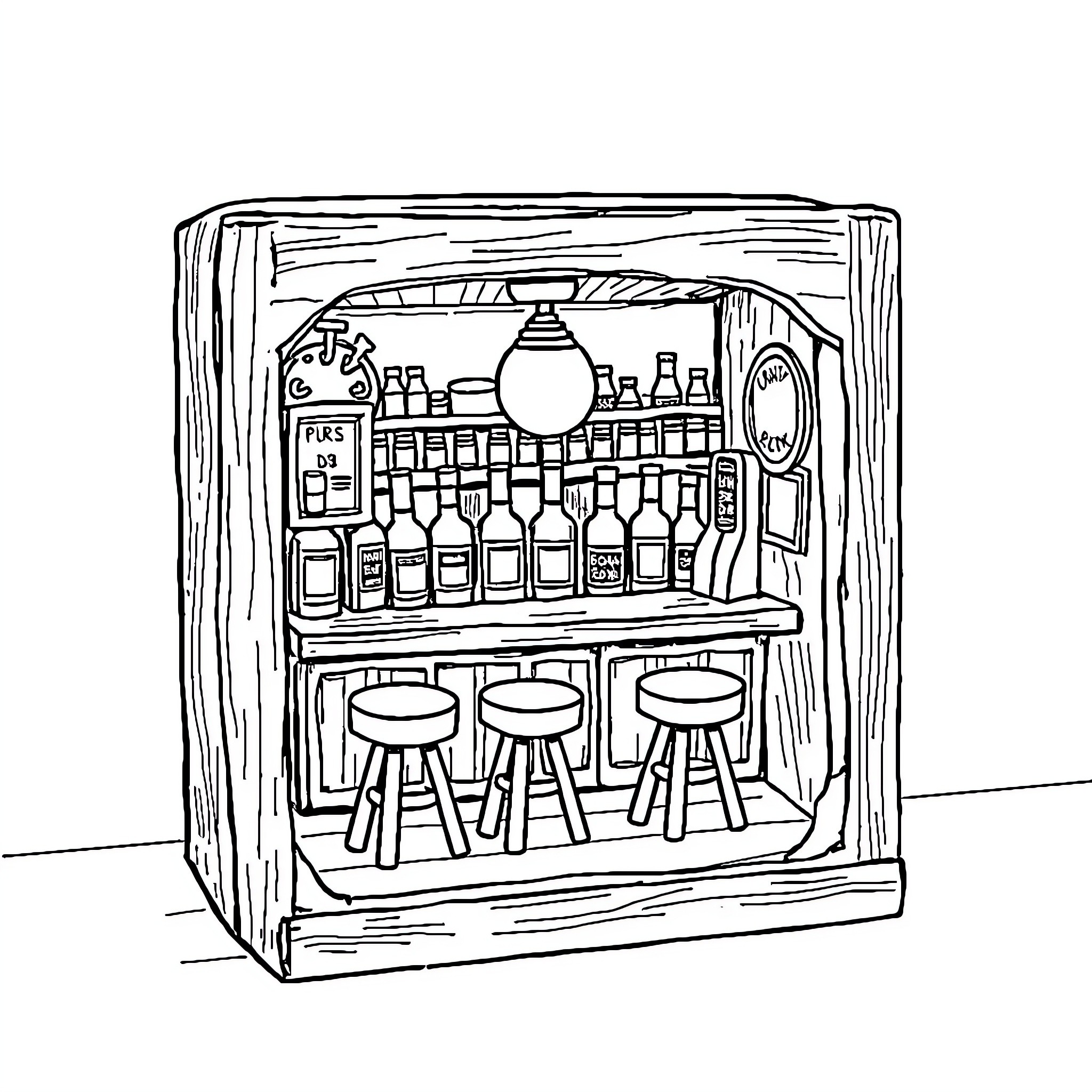 Pub with Bottles and Stools in a Wooden Frame Coloring Page (free black-and-white line drawing printable PDF for all, from beginners to advanced learners, including children, teens, adults, and seniors)