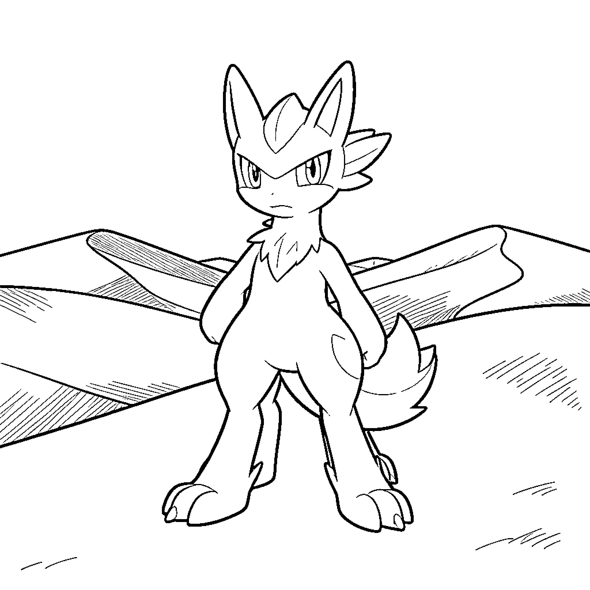 Lucario standing in a natural setting Coloring Page (free black-and-white line drawing printable PDF for all, from beginners to advanced learners, including children, teens, adults, and seniors)