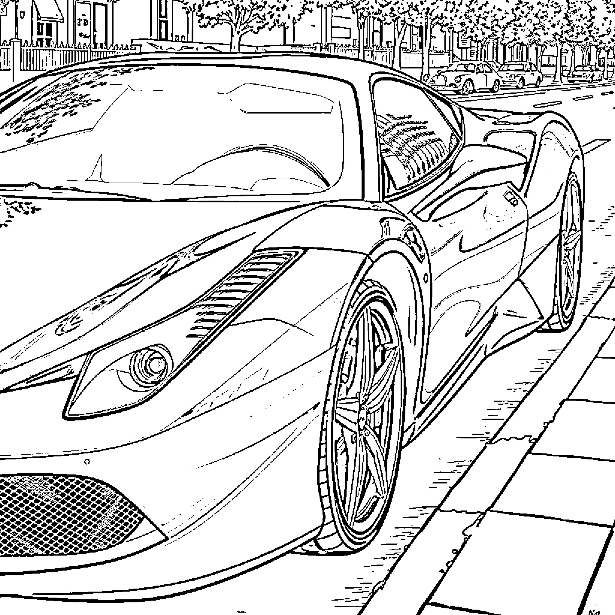 Ferrari Sports Car Speeding Down the City Street Coloring Page (free black-and-white line drawing printable PDF for all, from beginners to advanced learners, including children, teens, adults, and seniors)
