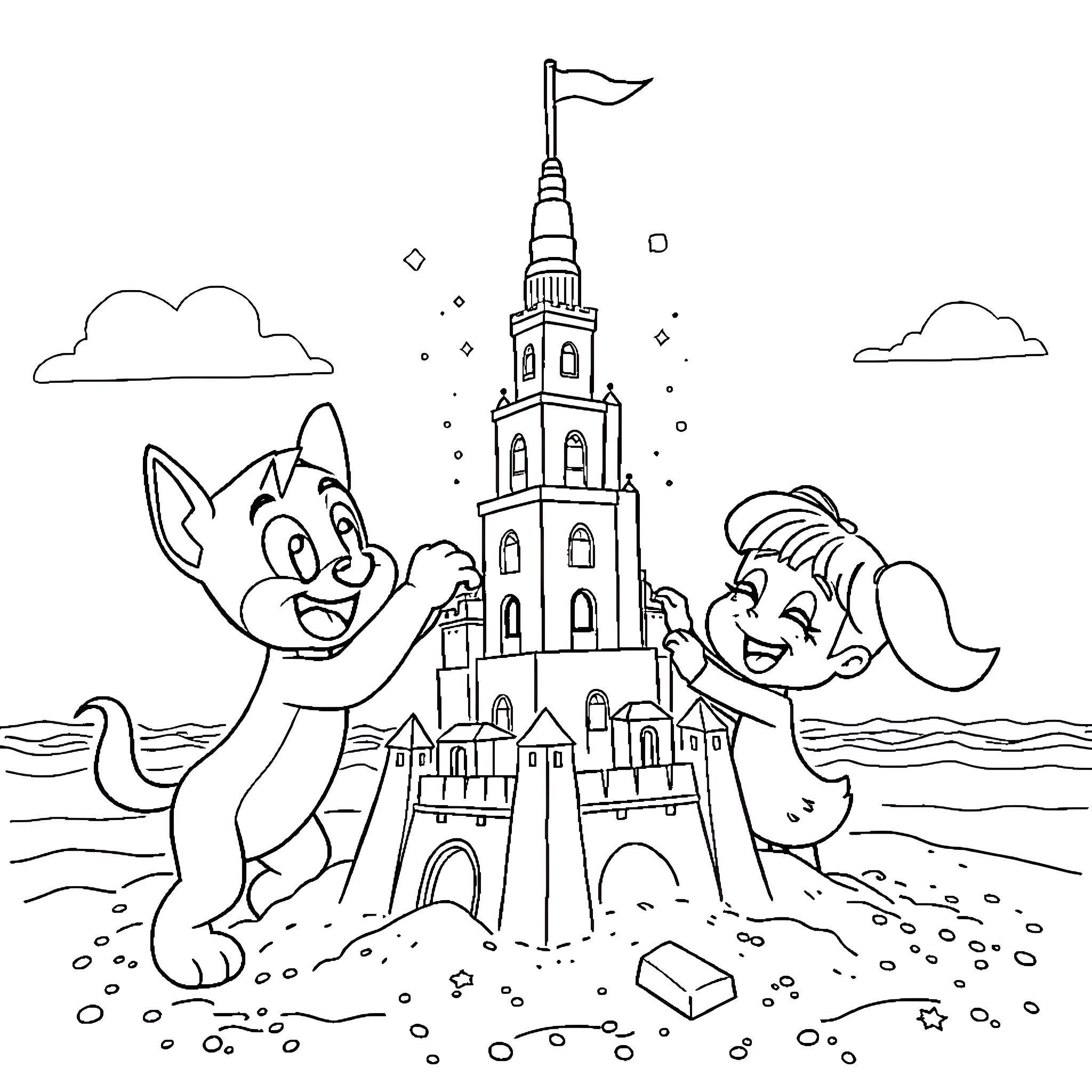 Bluey and Friends Building a Sandcastle Coloring Page (free black-and-white line drawing printable PDF for all, from beginners to advanced learners, including children, teens, adults, and seniors)