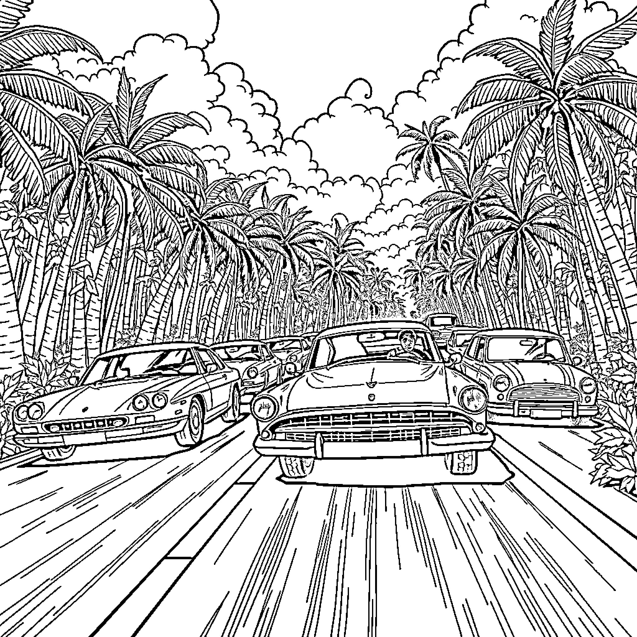 Retro Dinosaur Cars Racing Through Tropical Landscape Coloring Page (free black-and-white line drawing printable PDF for all, from beginners to advanced learners, including children, teens, adults, and seniors)