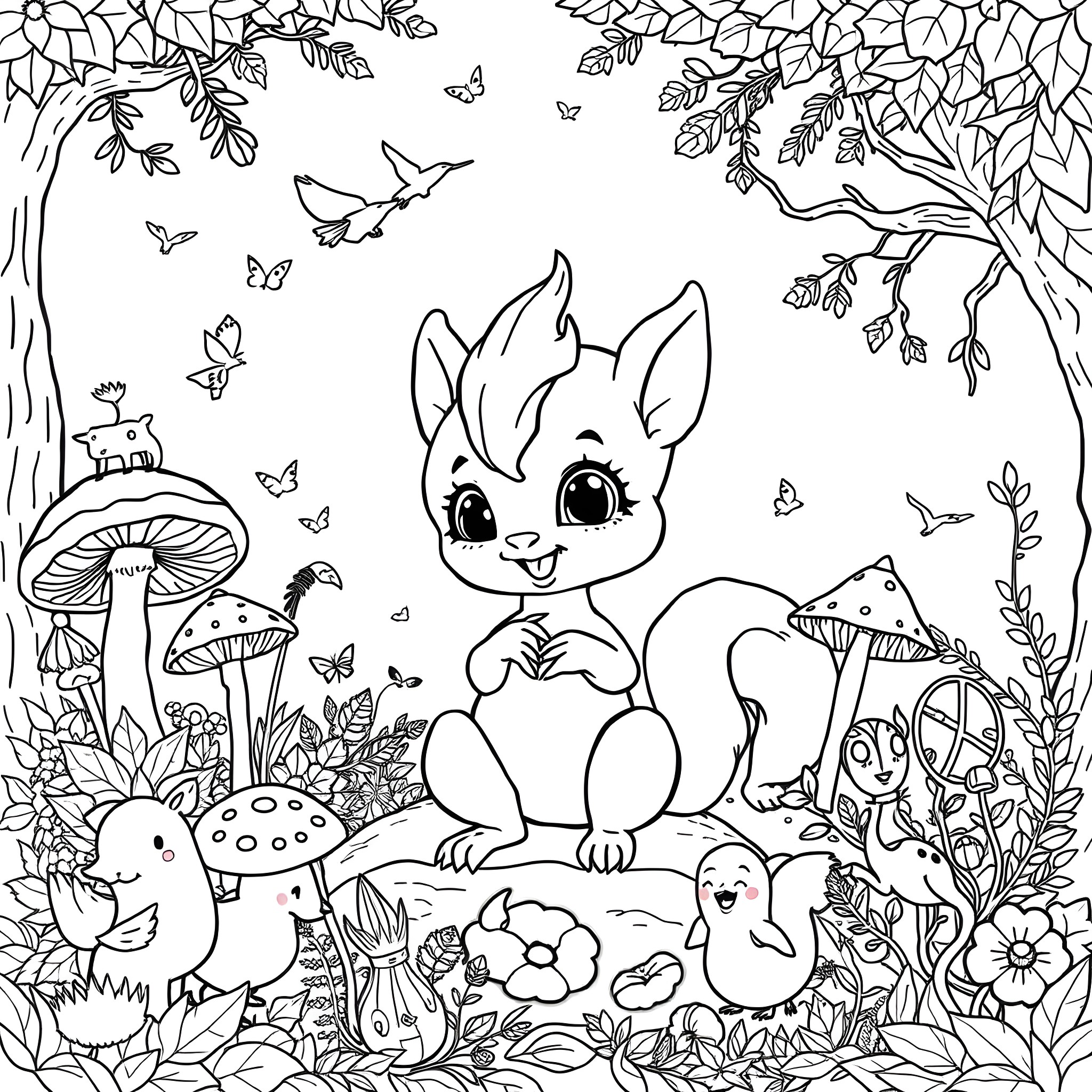 Sprunki's Whimsical Forest Adventure Coloring Page (free black-and-white line drawing printable PDF for all, from beginners to advanced learners, including children, teens, adults, and seniors)