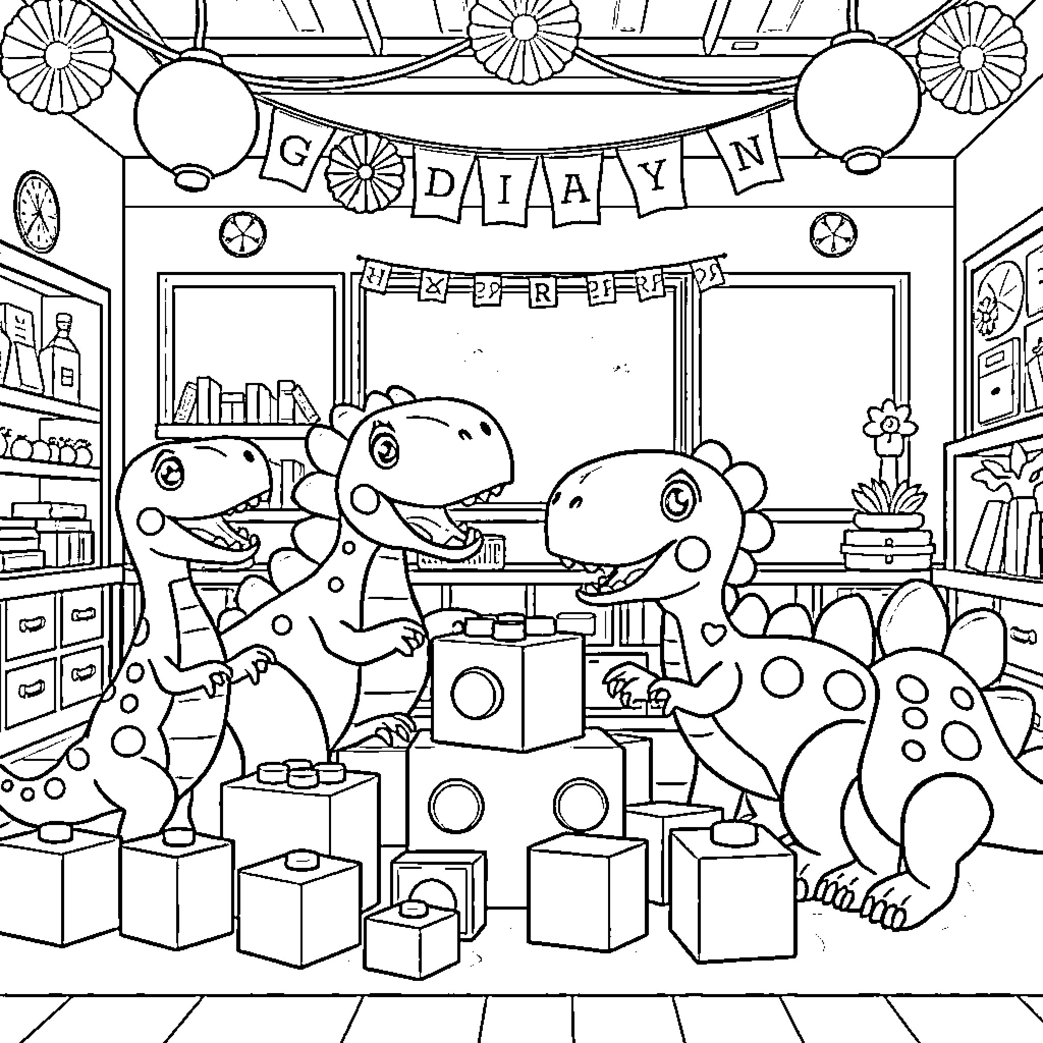 Dinosaur Playdate in a Cozy Classroom Coloring Page (free black-and-white line drawing printable PDF for all, from beginners to advanced learners, including children, teens, adults, and seniors)