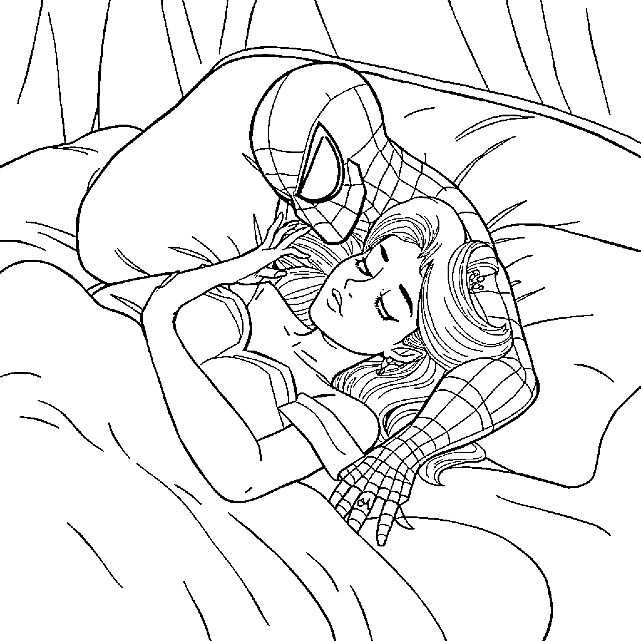Sleeping Beauty meets the Friendly Neighborhood Spider-Man Coloring Page (free black-and-white line drawing printable PDF for all, from beginners to advanced learners, including children, teens, adults, and seniors)