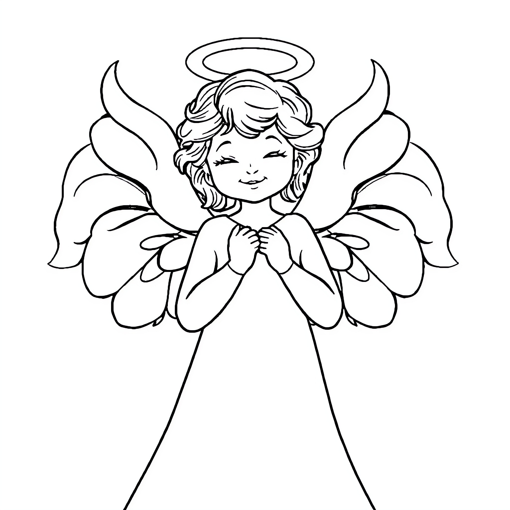 Angel praying with wings and halo Coloring Page (free black-and-white line drawing printable PDF for all, from beginners to advanced learners, including children, teens, adults, and seniors)