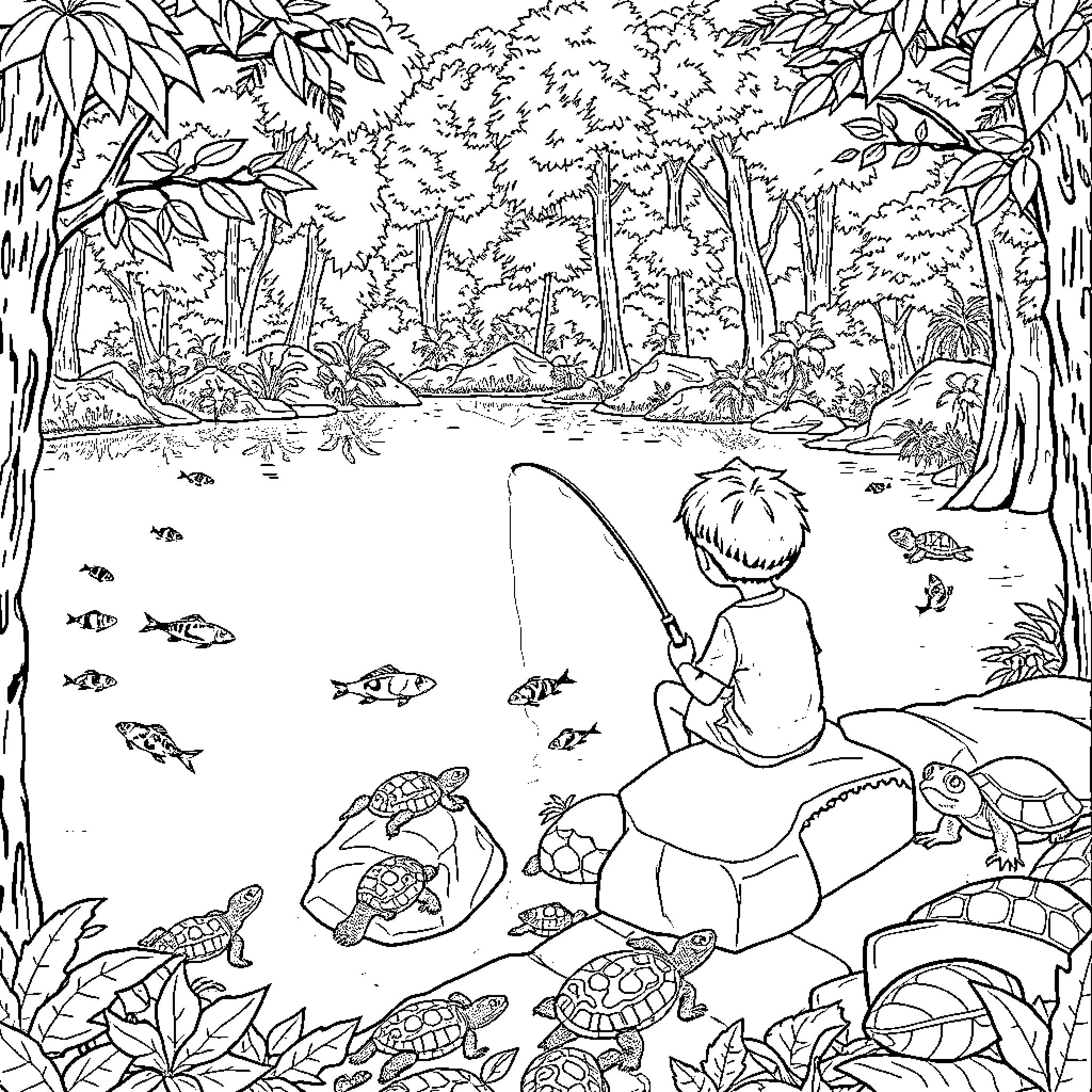Boy fishing peacefully in the forest stream Coloring Page (free black-and-white line drawing printable PDF for all, from beginners to advanced learners, including children, teens, adults, and seniors)