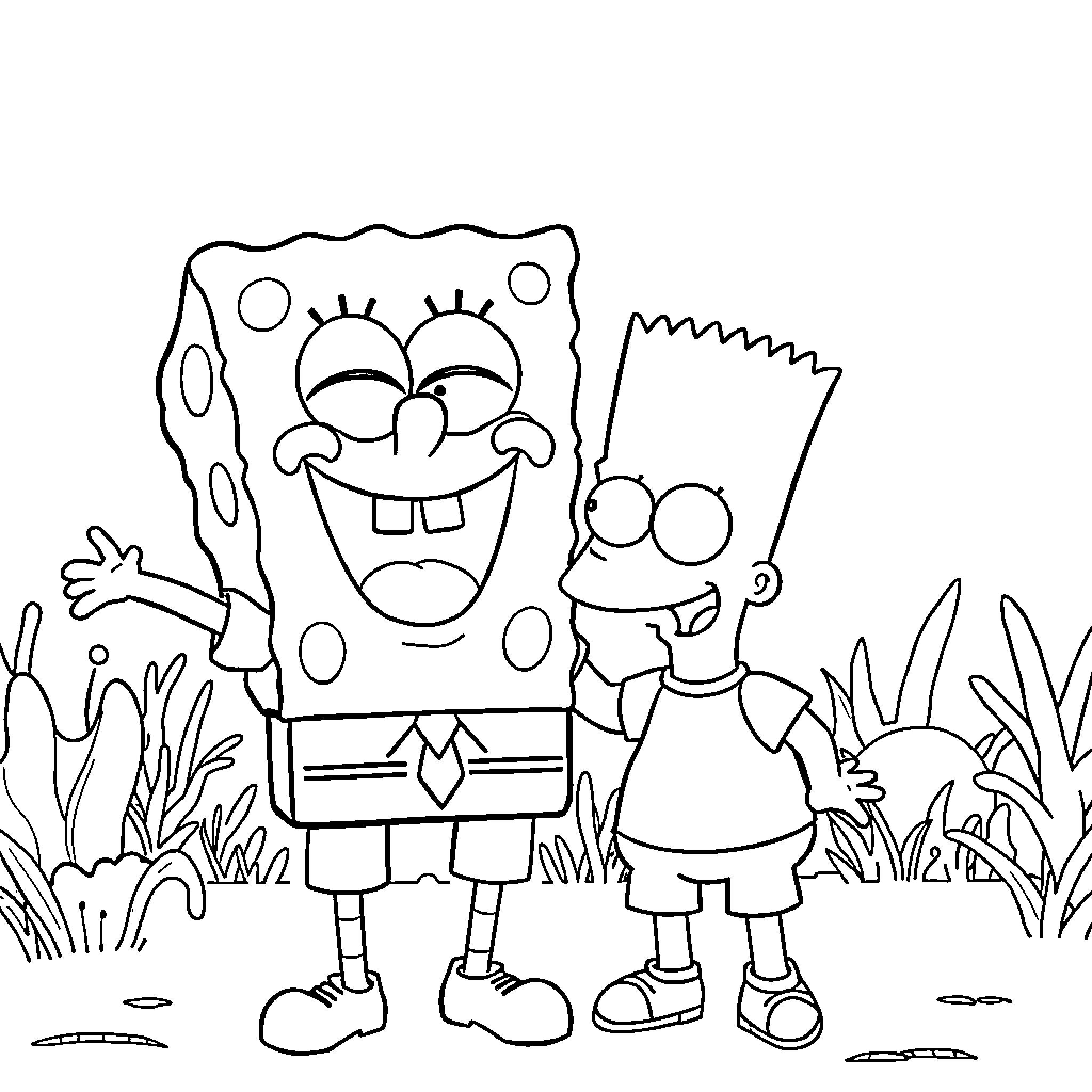 SpongeBob SquarePants and Bart Simpson in the outdoors Coloring Page (free black-and-white line drawing printable PDF for all, from beginners to advanced learners, including children, teens, adults, and seniors)