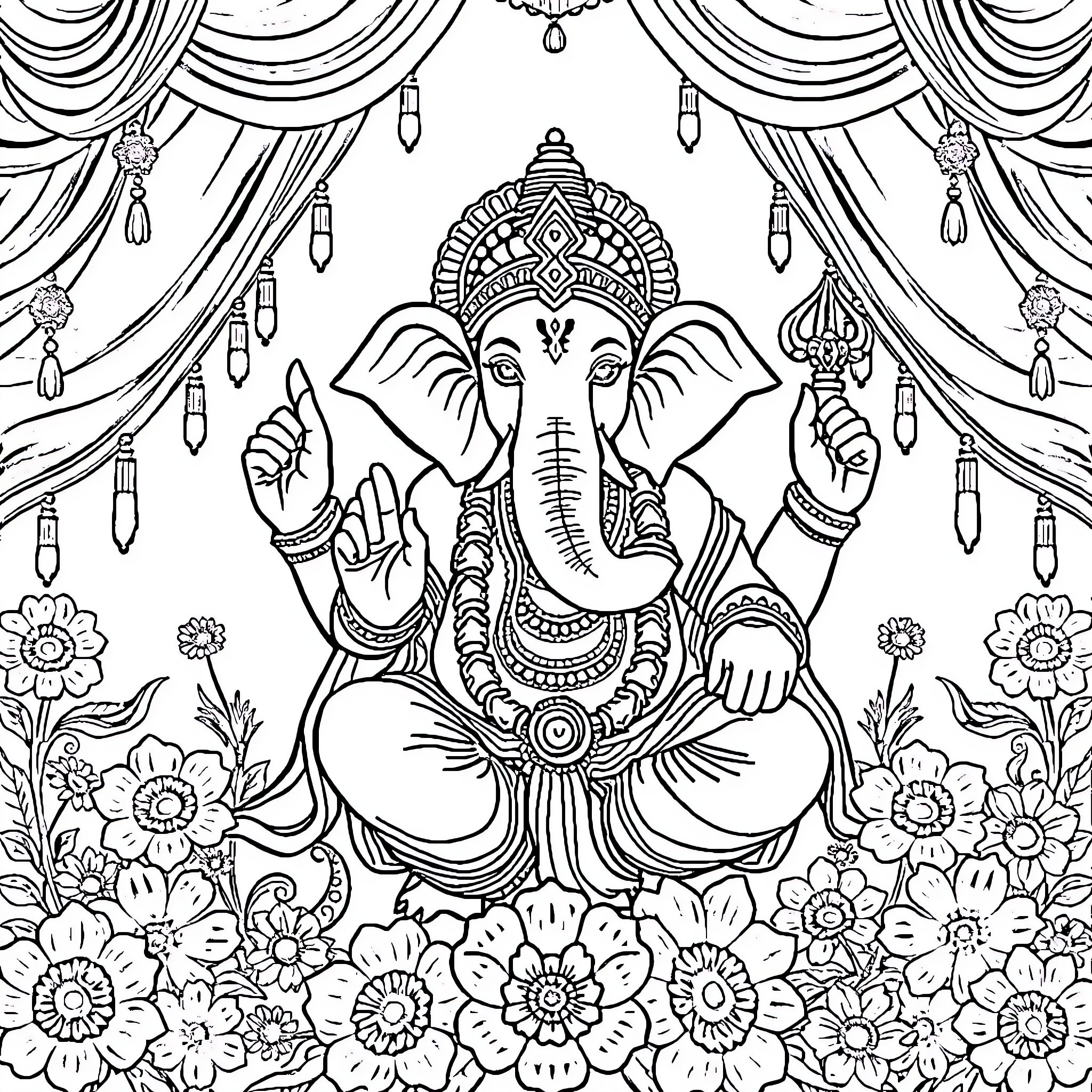 Ganpati amidst ornate decor and floral patterns Coloring Page (free black-and-white line drawing printable PDF for all, from beginners to advanced learners, including children, teens, adults, and seniors)