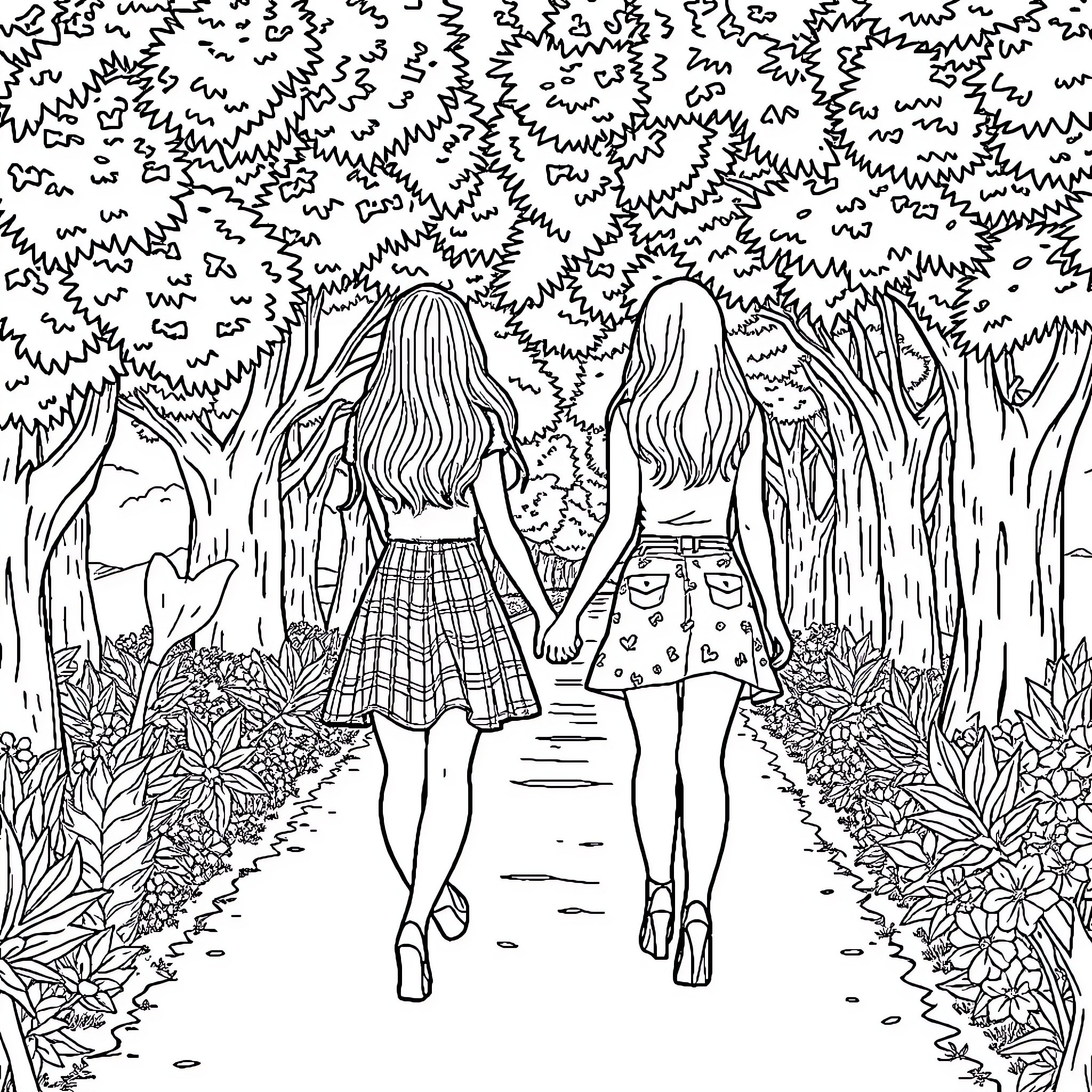 Girl friends exploring enchanted forest Coloring Page (free black-and-white line drawing printable PDF for all, from beginners to advanced learners, including children, teens, adults, and seniors)