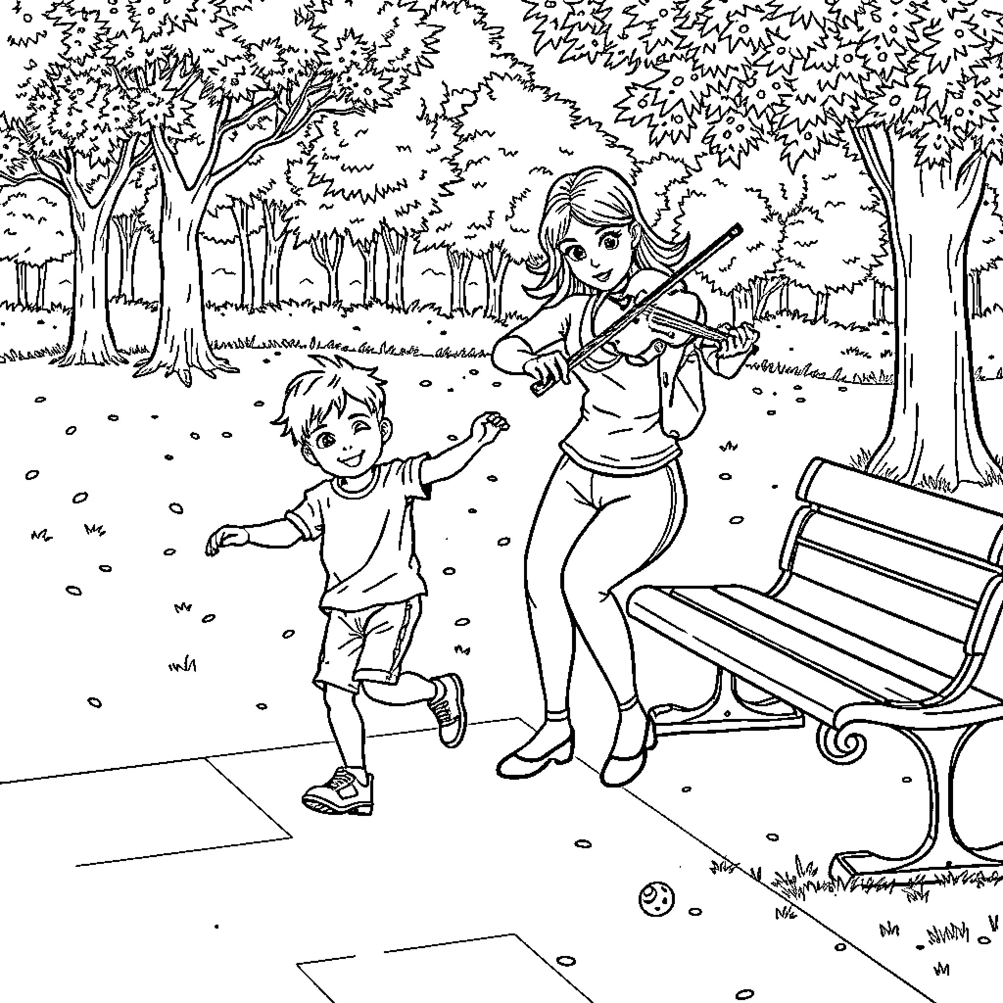 Niño playing with violinist in the park Coloring Page (free black-and-white line drawing printable PDF for all, from beginners to advanced learners, including children, teens, adults, and seniors)
