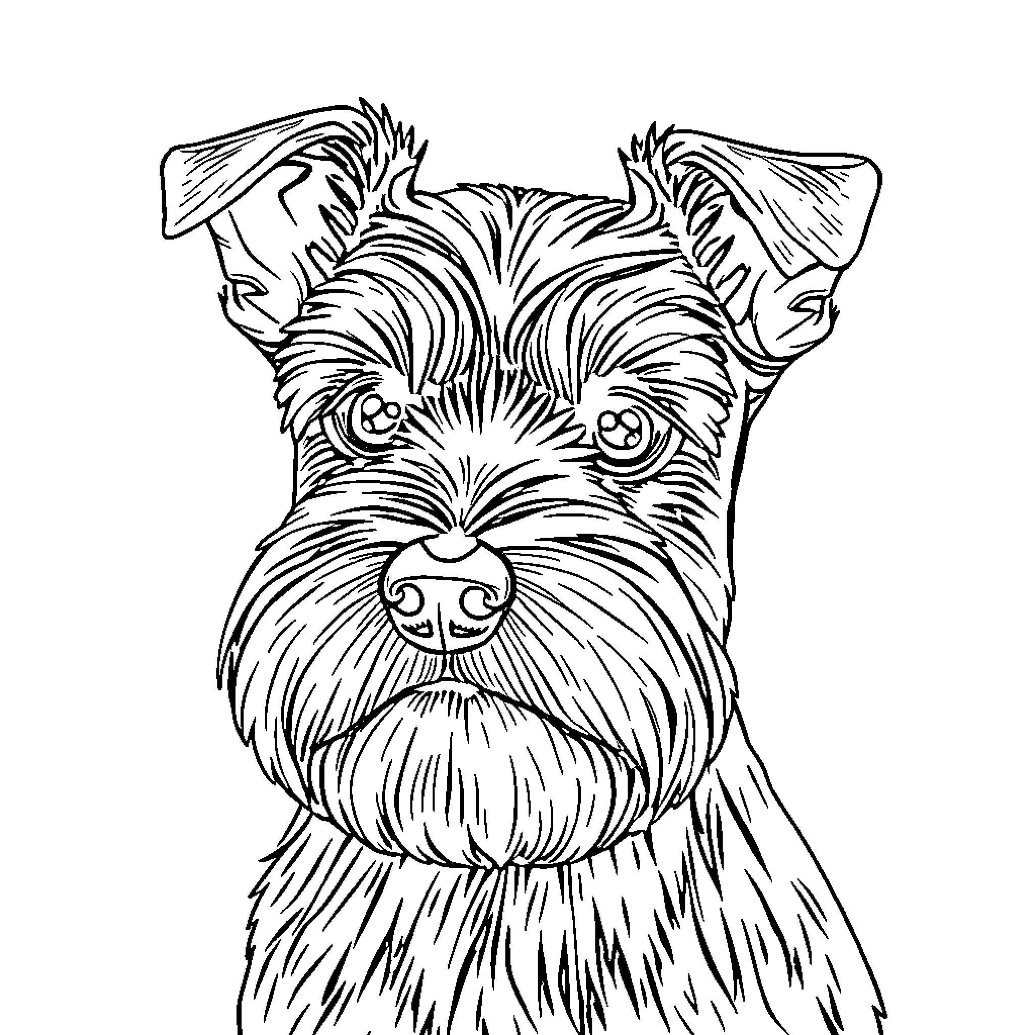 Schnauzer dog with curious expression Coloring Page (free black-and-white line drawing printable PDF for all, from beginners to advanced learners, including children, teens, adults, and seniors)
