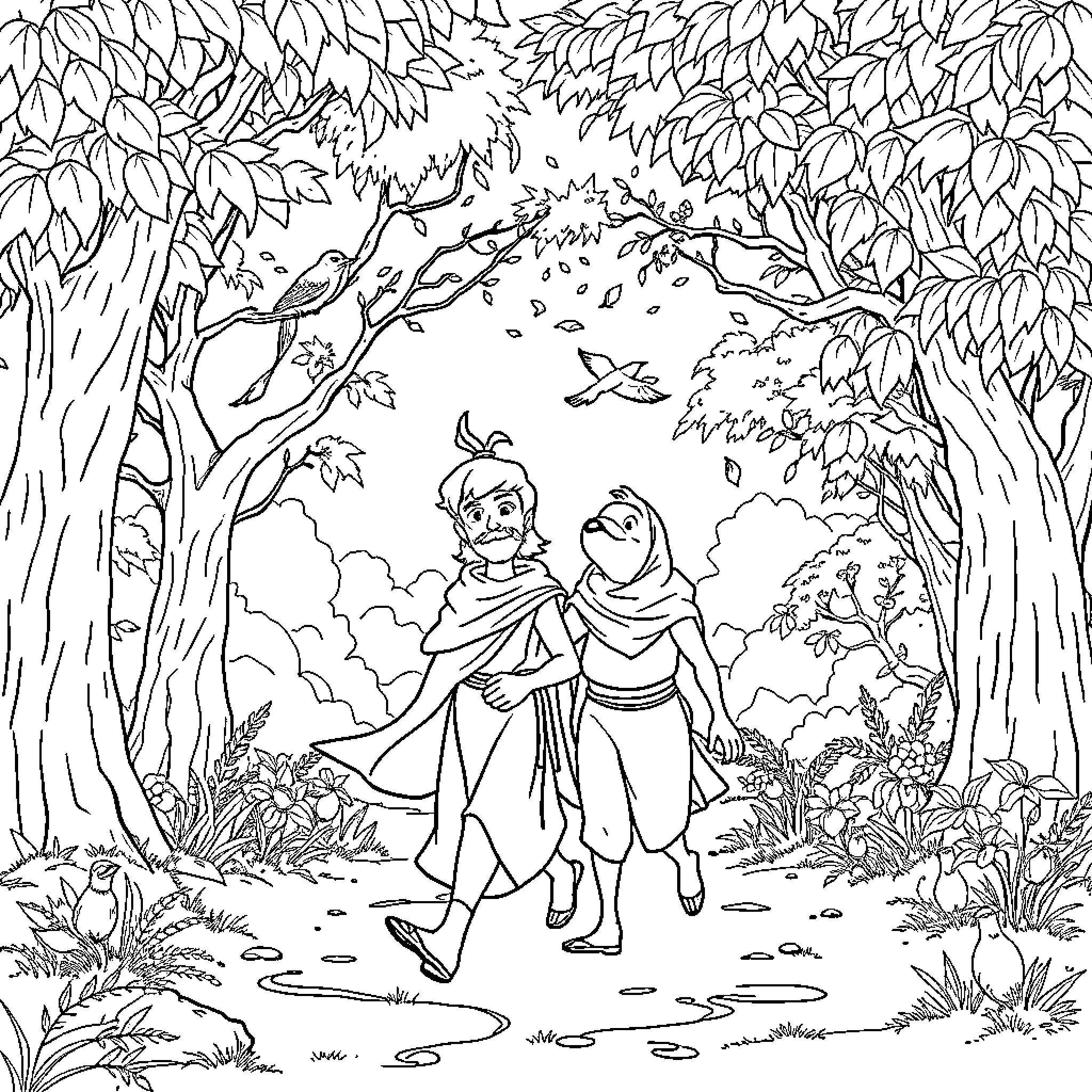 Aladdin and Jasmine Embracing in Enchanting Forest Coloring Page (free black-and-white line drawing printable PDF for all, from beginners to advanced learners, including children, teens, adults, and seniors)