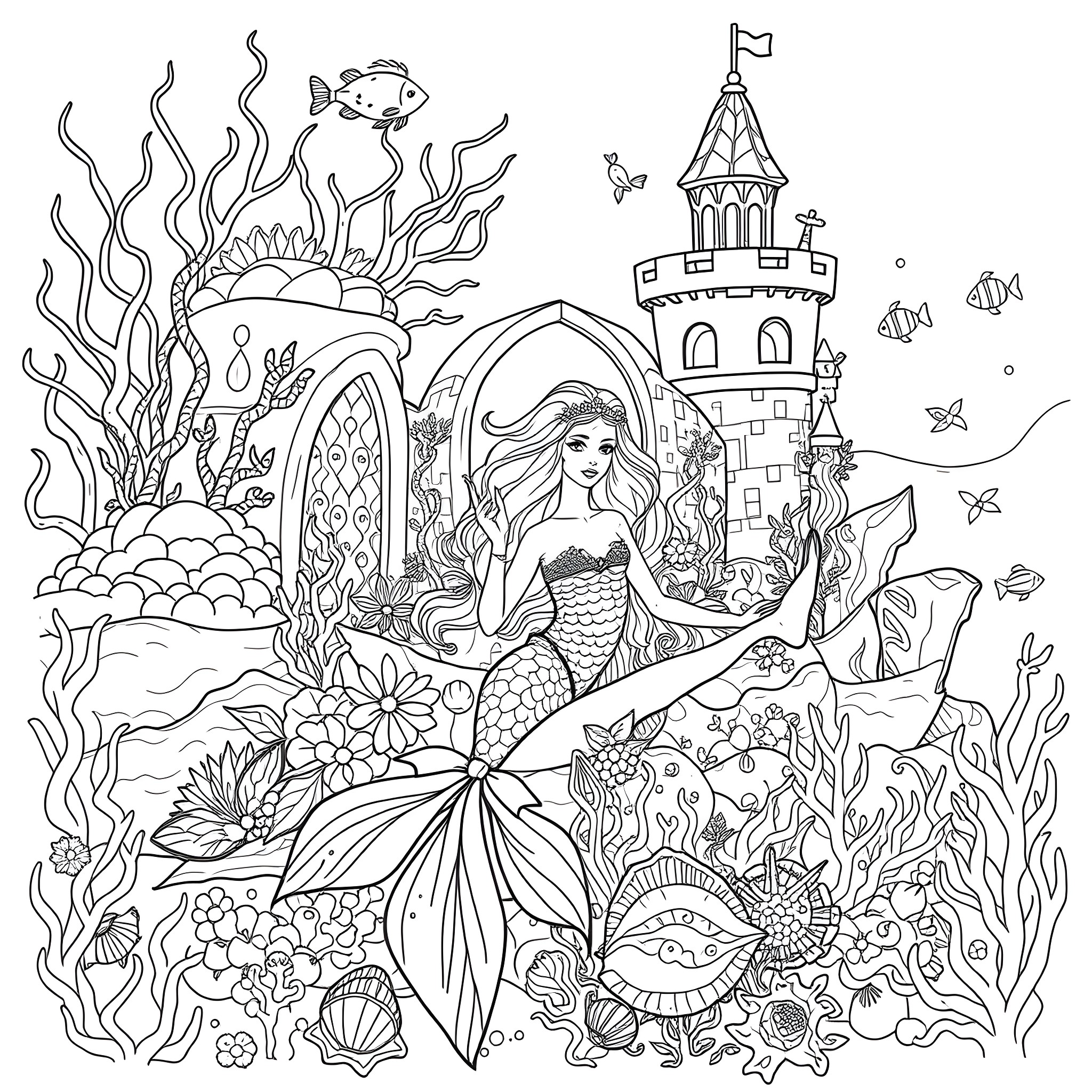 Mermaid exploring an underwater castle garden Coloring Page (free black-and-white line drawing printable PDF for all, from beginners to advanced learners, including children, teens, adults, and seniors)
