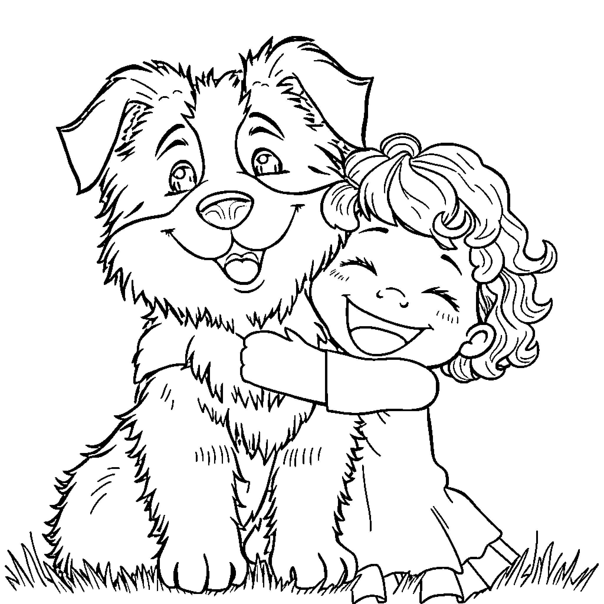 Border Collie and Child Embracing Happily Coloring Page (free black-and-white line drawing printable PDF for all, from beginners to advanced learners, including children, teens, adults, and seniors)