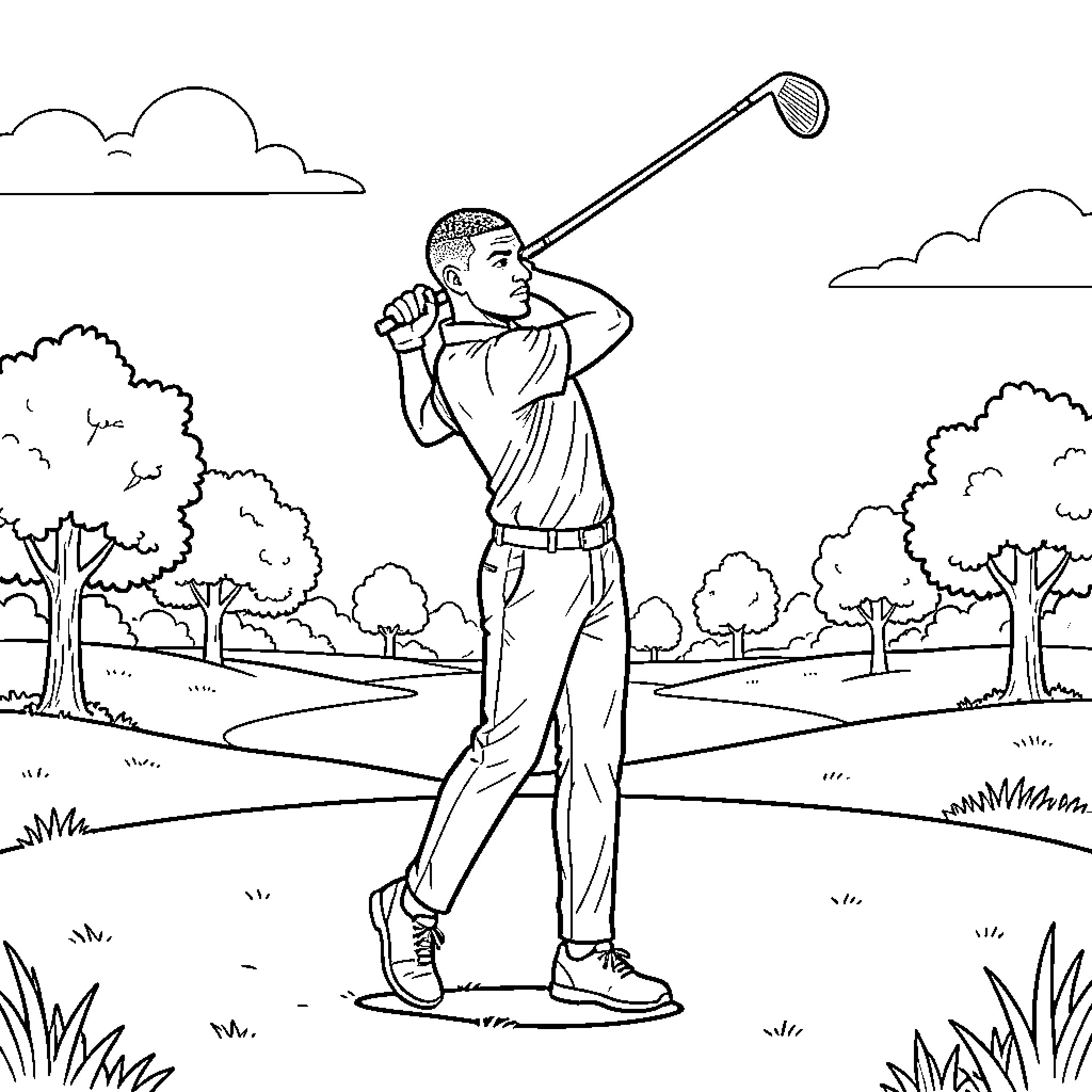 Mbappe swinging a golf club on a course Coloring Page (free black-and-white line drawing printable PDF for all, from beginners to advanced learners, including children, teens, adults, and seniors)