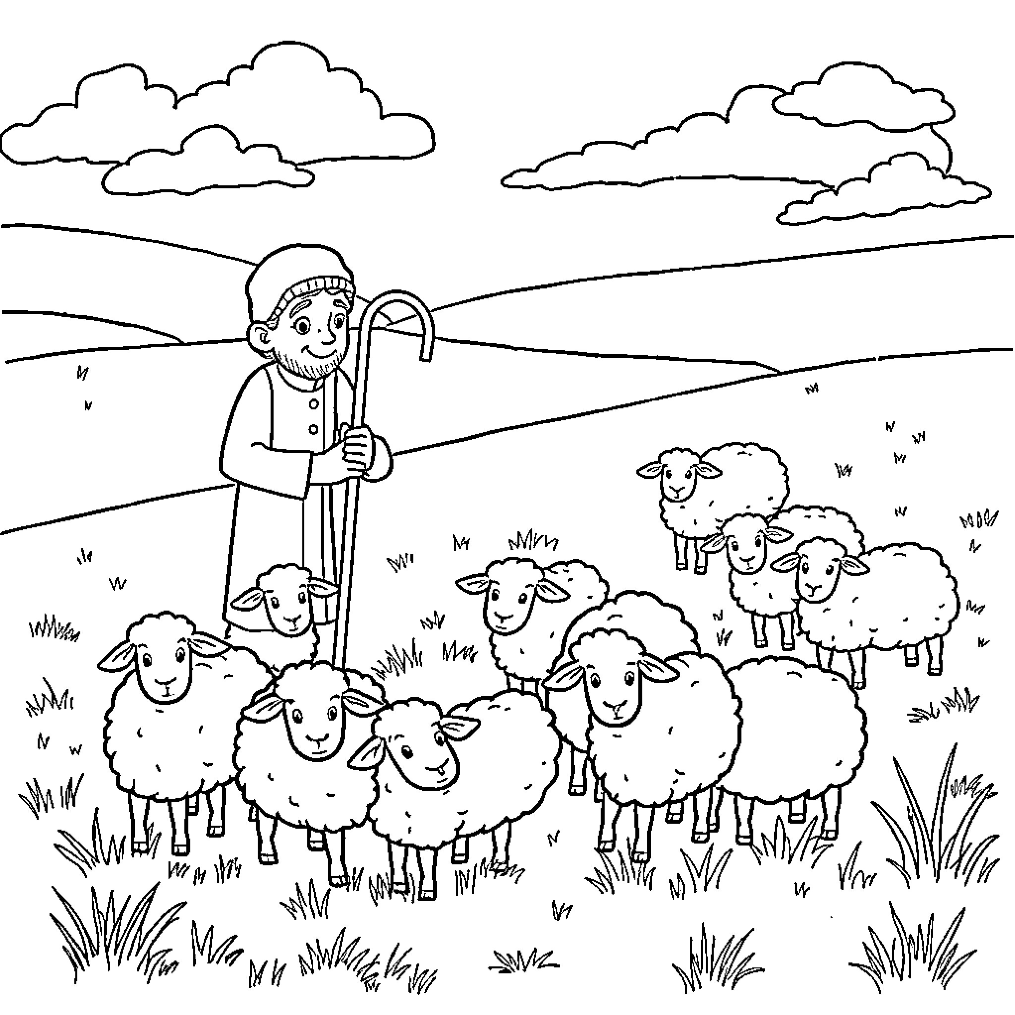 Shepherd tending to a flock of sheep in a pastoral scene Coloring Page (free black-and-white line drawing printable PDF for all, from beginners to advanced learners, including children, teens, adults, and seniors)