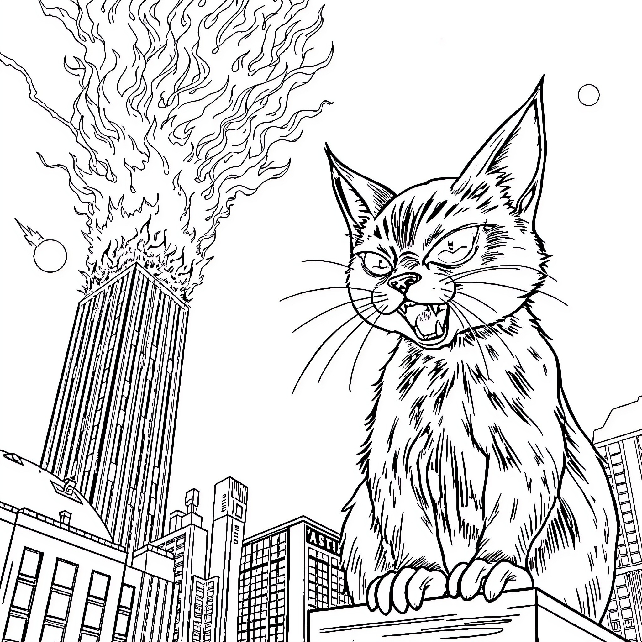 Cat guarding the city with fiery breath Coloring Page (free black-and-white line drawing printable PDF for all, from beginners to advanced learners, including children, teens, adults, and seniors)