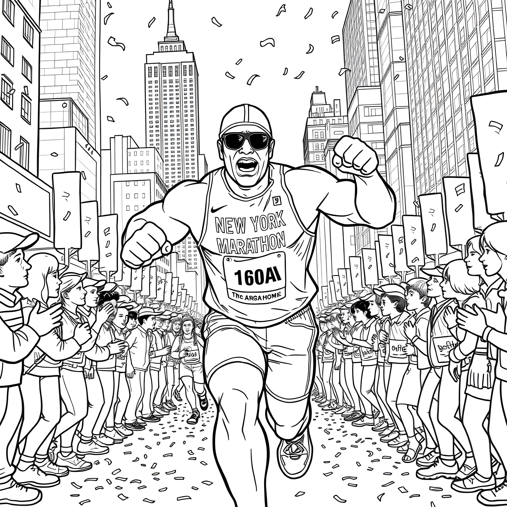 Hulk Hogan Triumphantly Finishes the New York Marathon Coloring Page (free black-and-white line drawing printable PDF for all, from beginners to advanced learners, including children, teens, adults, and seniors)