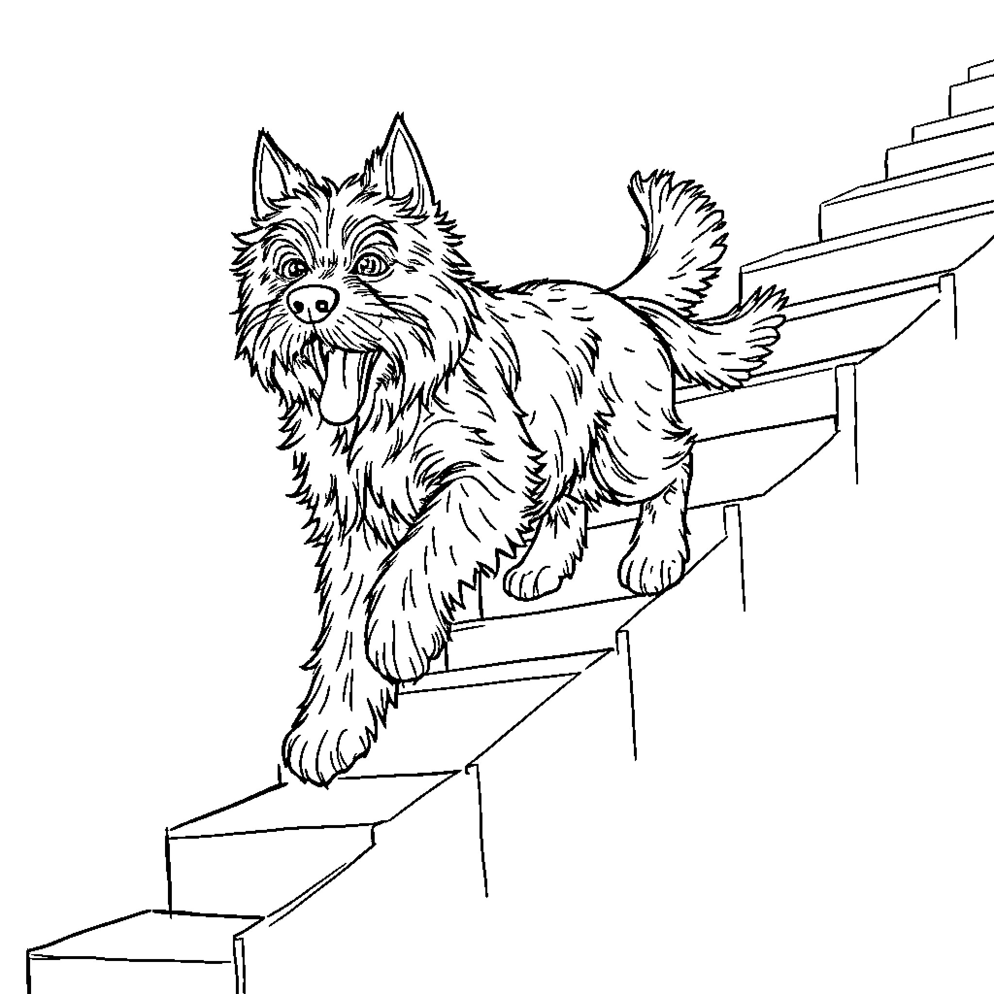 Dog climbing excitedly up stairs Coloring Page (free black-and-white line drawing printable PDF for all, from beginners to advanced learners, including children, teens, adults, and seniors)