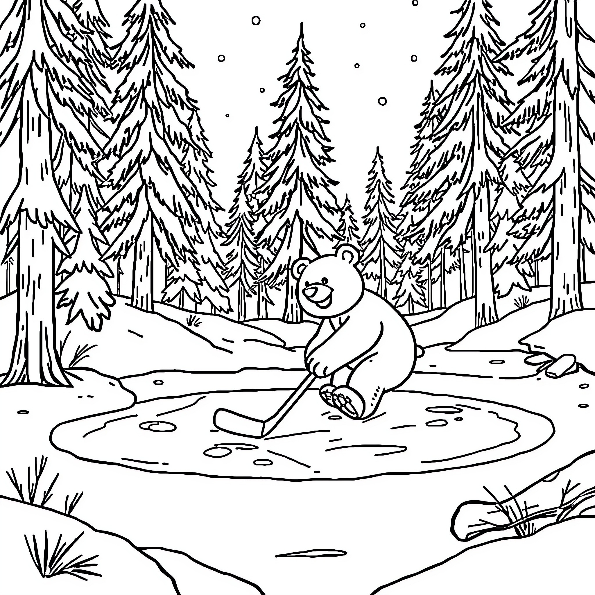 Bear playing in winter snowy forest Coloring Page (free black-and-white line drawing printable PDF for all, from beginners to advanced learners, including children, teens, adults, and seniors)