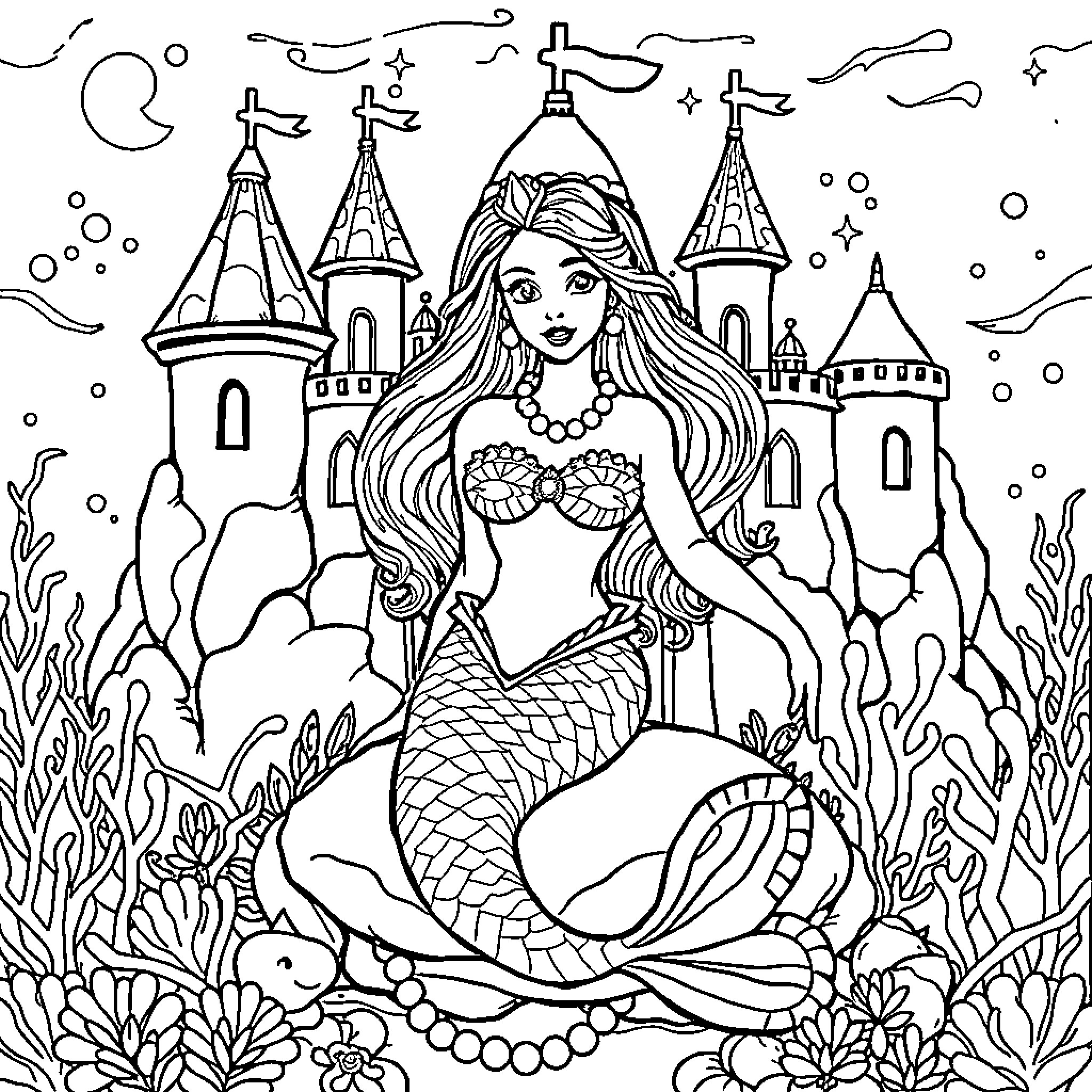 Mermaid by the Majestic Castle Coloring Page (free black-and-white line drawing printable PDF for all, from beginners to advanced learners, including children, teens, adults, and seniors)