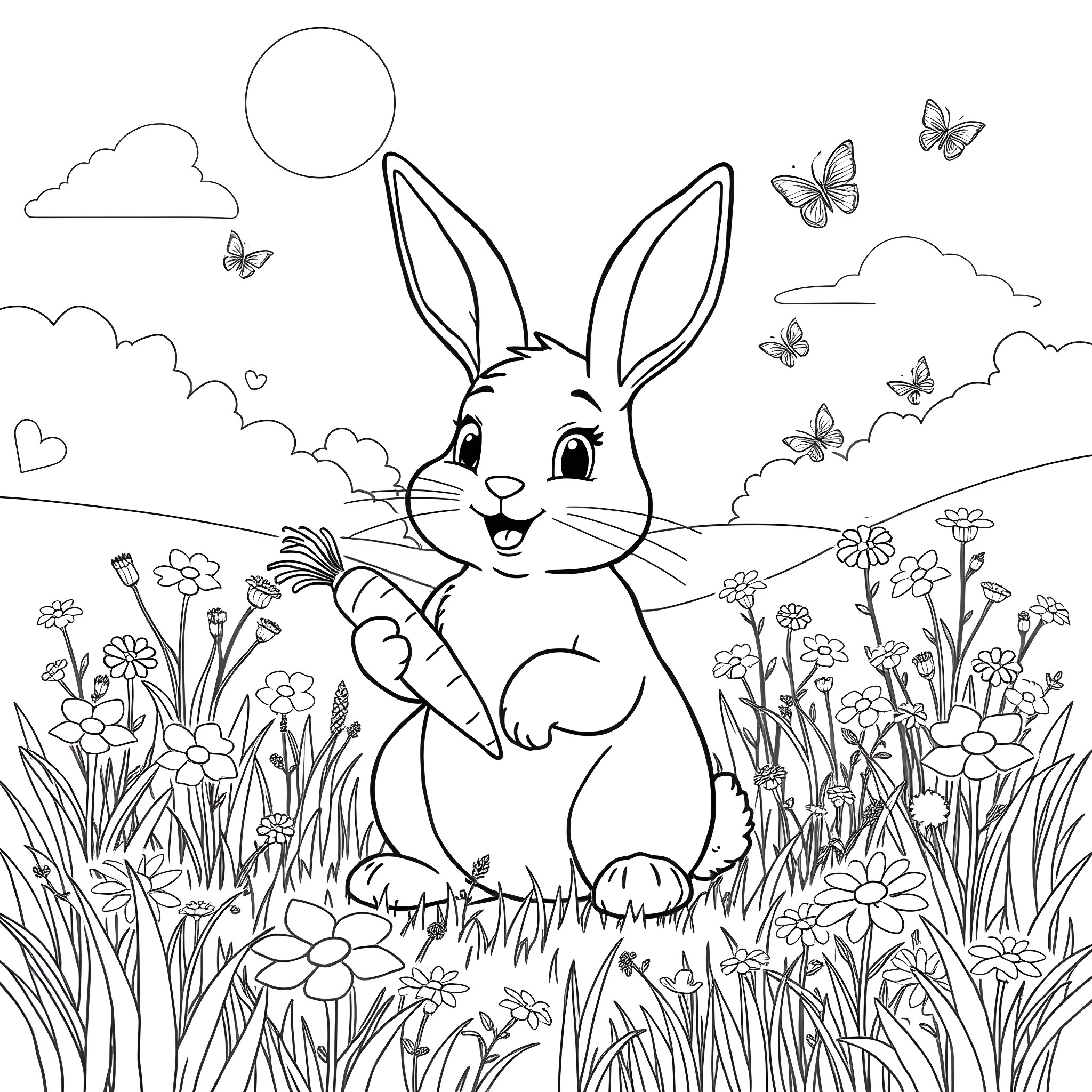 Bunny frolicking in a flowery meadow Coloring Page (free black-and-white line drawing printable PDF for all, from beginners to advanced learners, including children, teens, adults, and seniors)