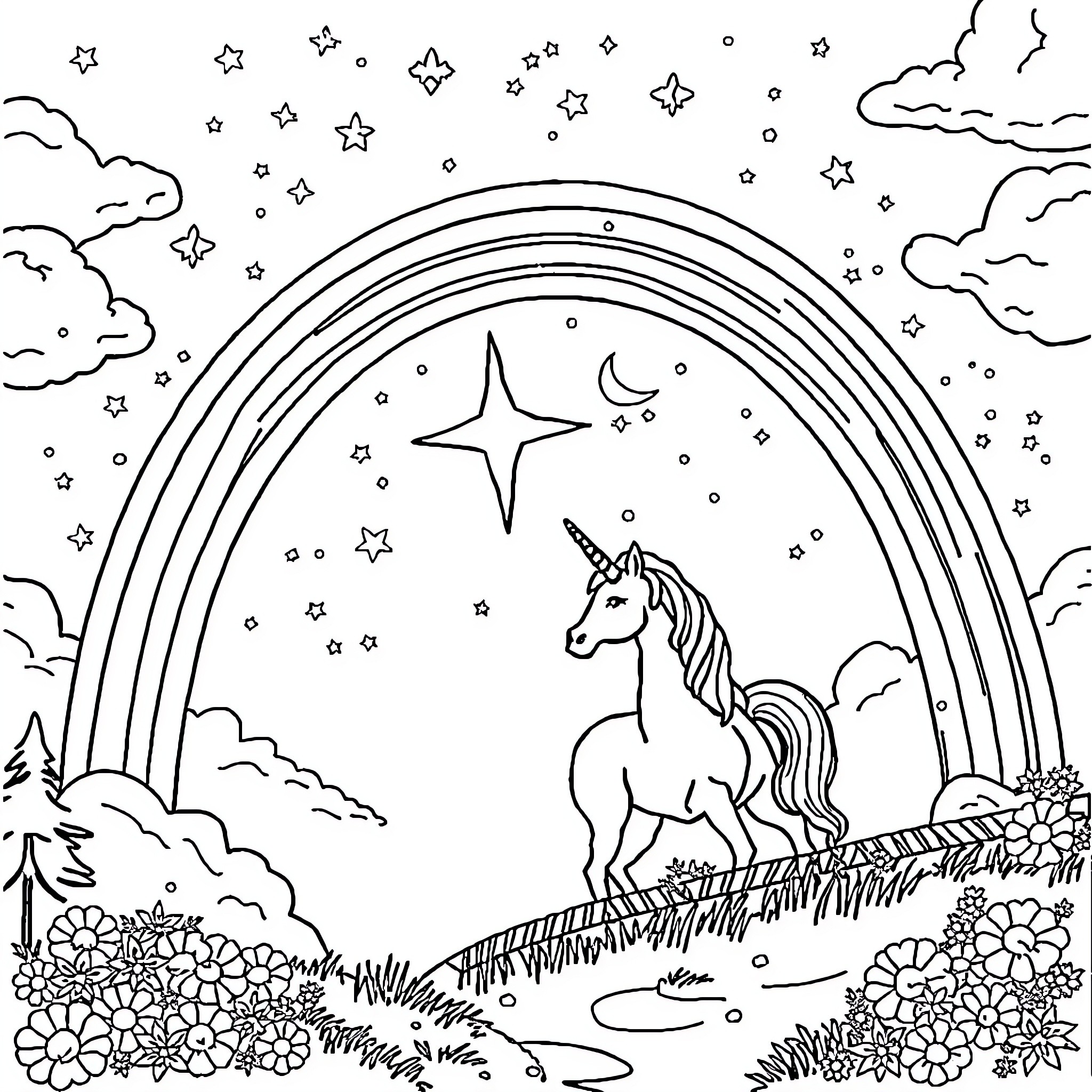 Unicorn standing amidst a starry night landscape Coloring Page (free black-and-white line drawing printable PDF for all, from beginners to advanced learners, including children, teens, adults, and seniors)
