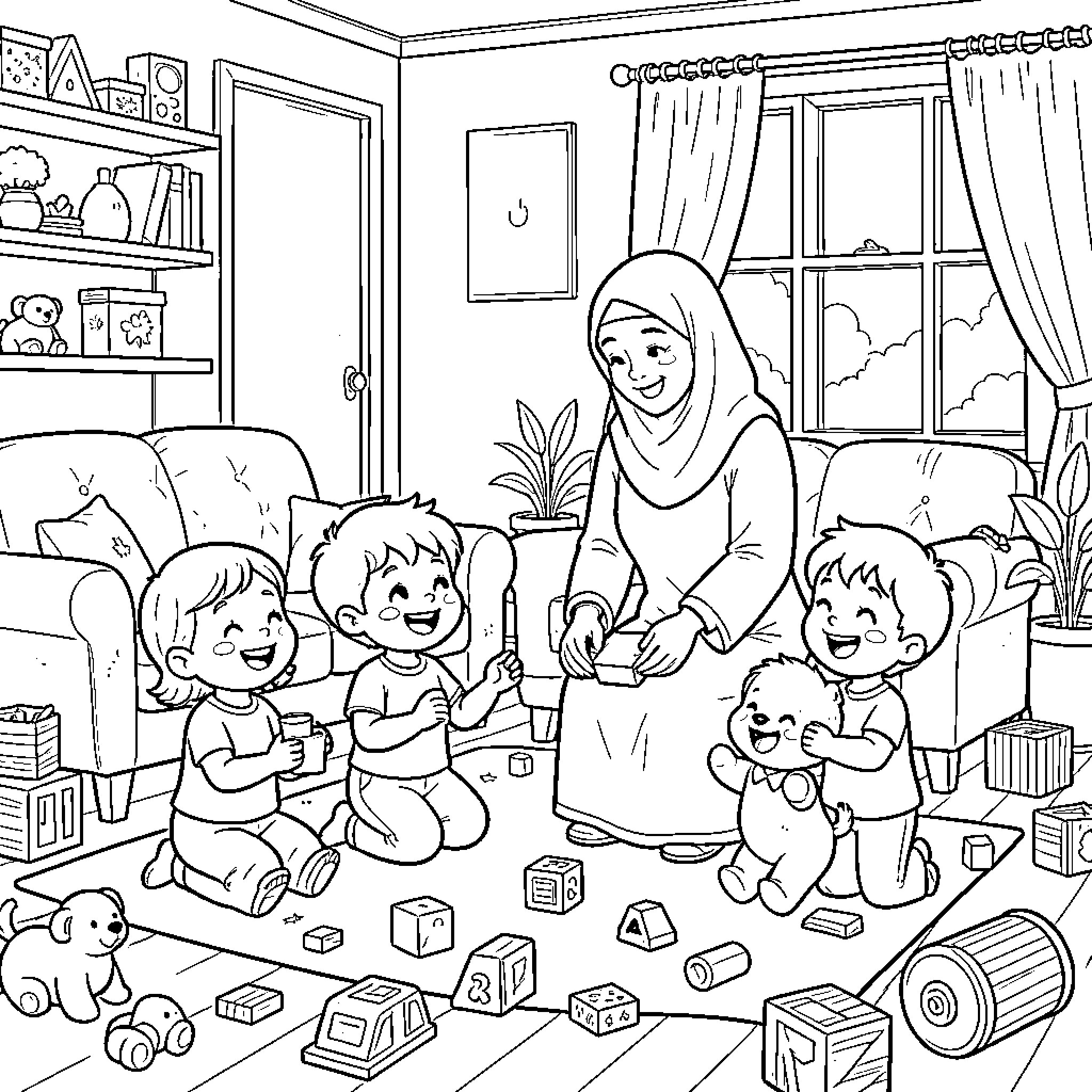 Nounou playing joyfully with children among many toys Coloring Page (free black-and-white line drawing printable PDF for all, from beginners to advanced learners, including children, teens, adults, and seniors)