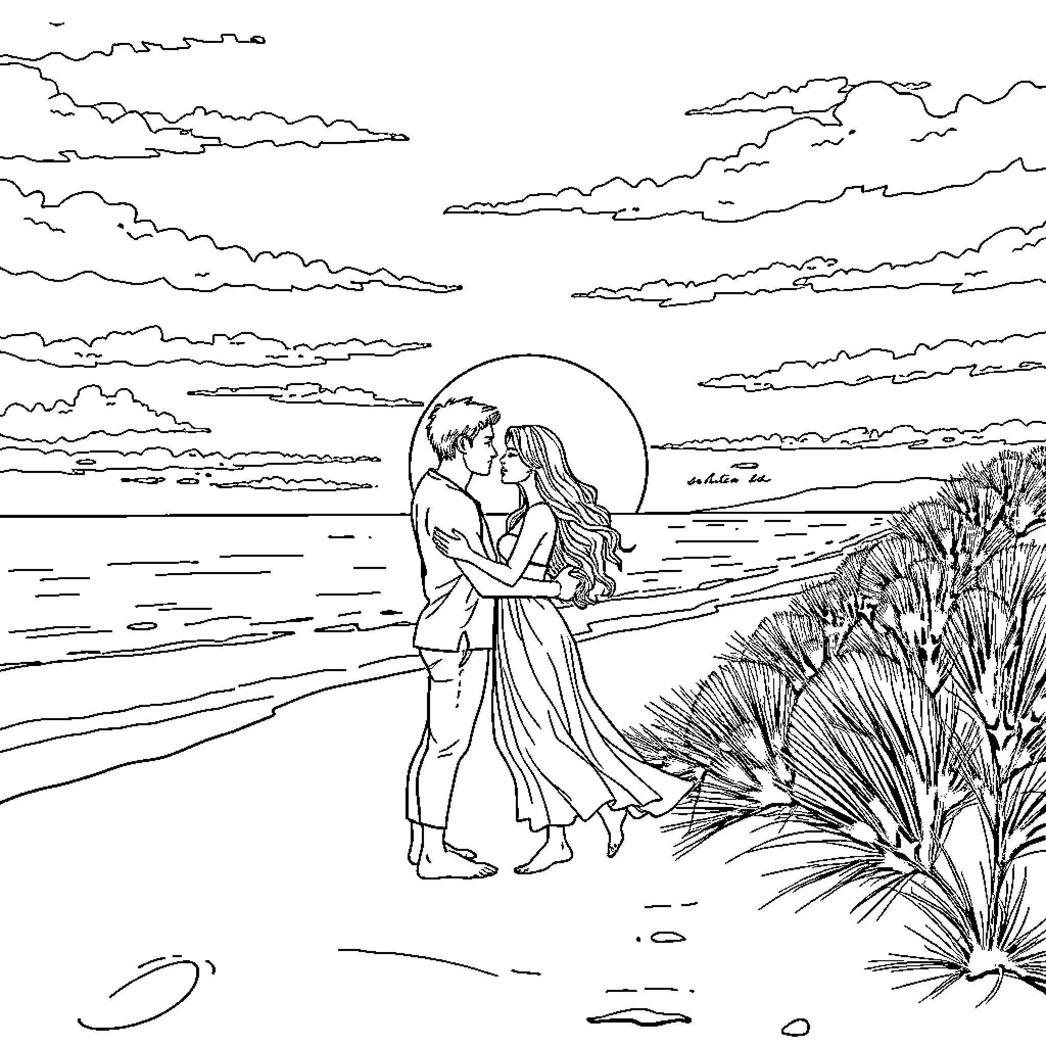 Love on the Serene Beachfront Coloring Page (free black-and-white line drawing printable PDF for all, from beginners to advanced learners, including children, teens, adults, and seniors)