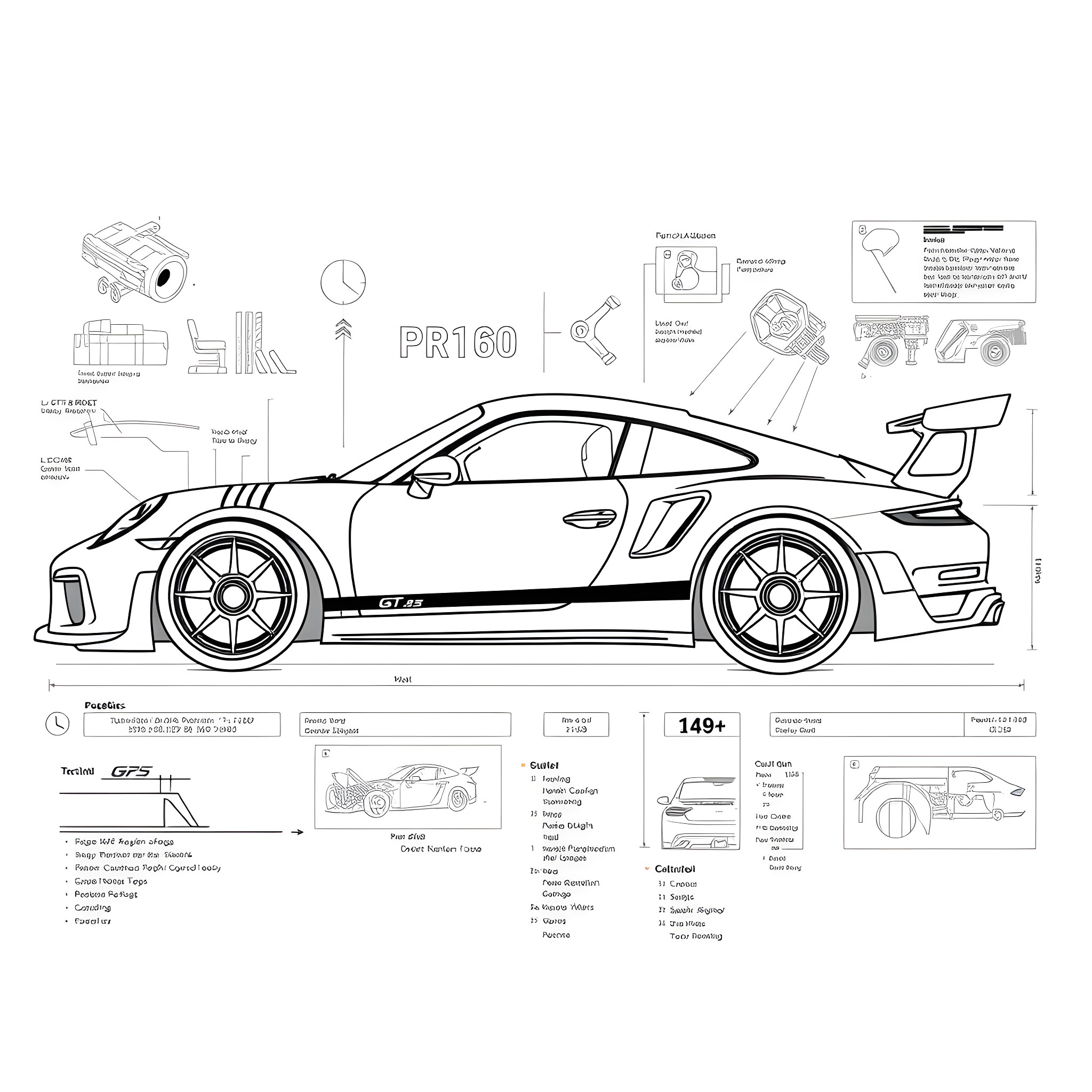 911 GT3 RS technical specifications and details Coloring Page (free black-and-white line drawing printable PDF for all, from beginners to advanced learners, including children, teens, adults, and seniors)