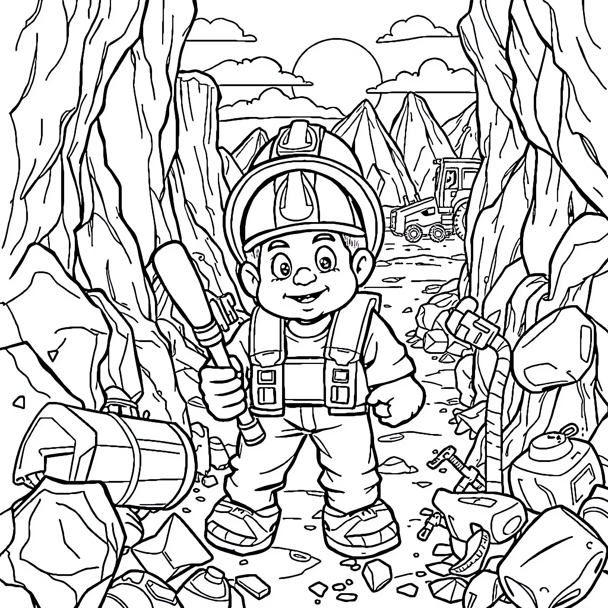 Bobby's Mining Adventure in the Rugged Terrain Coloring Page (free black-and-white line drawing printable PDF for all, from beginners to advanced learners, including children, teens, adults, and seniors)