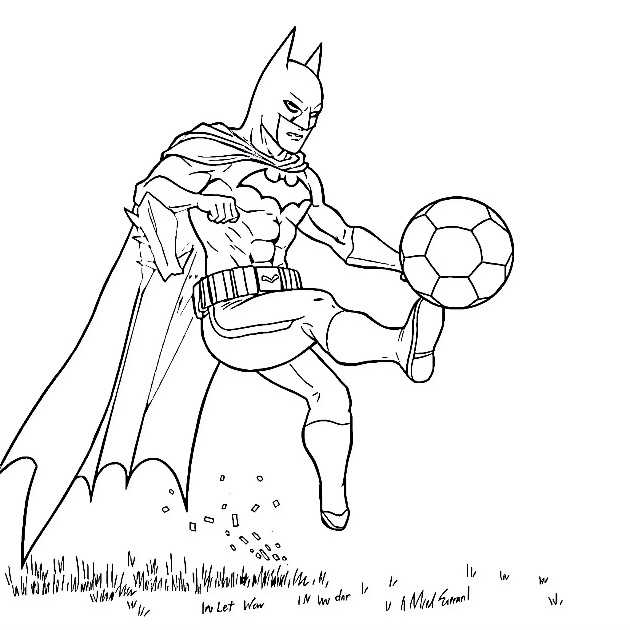 Batman playing with soccer ball in the park Coloring Page (free black-and-white line drawing printable PDF for all, from beginners to advanced learners, including children, teens, adults, and seniors)