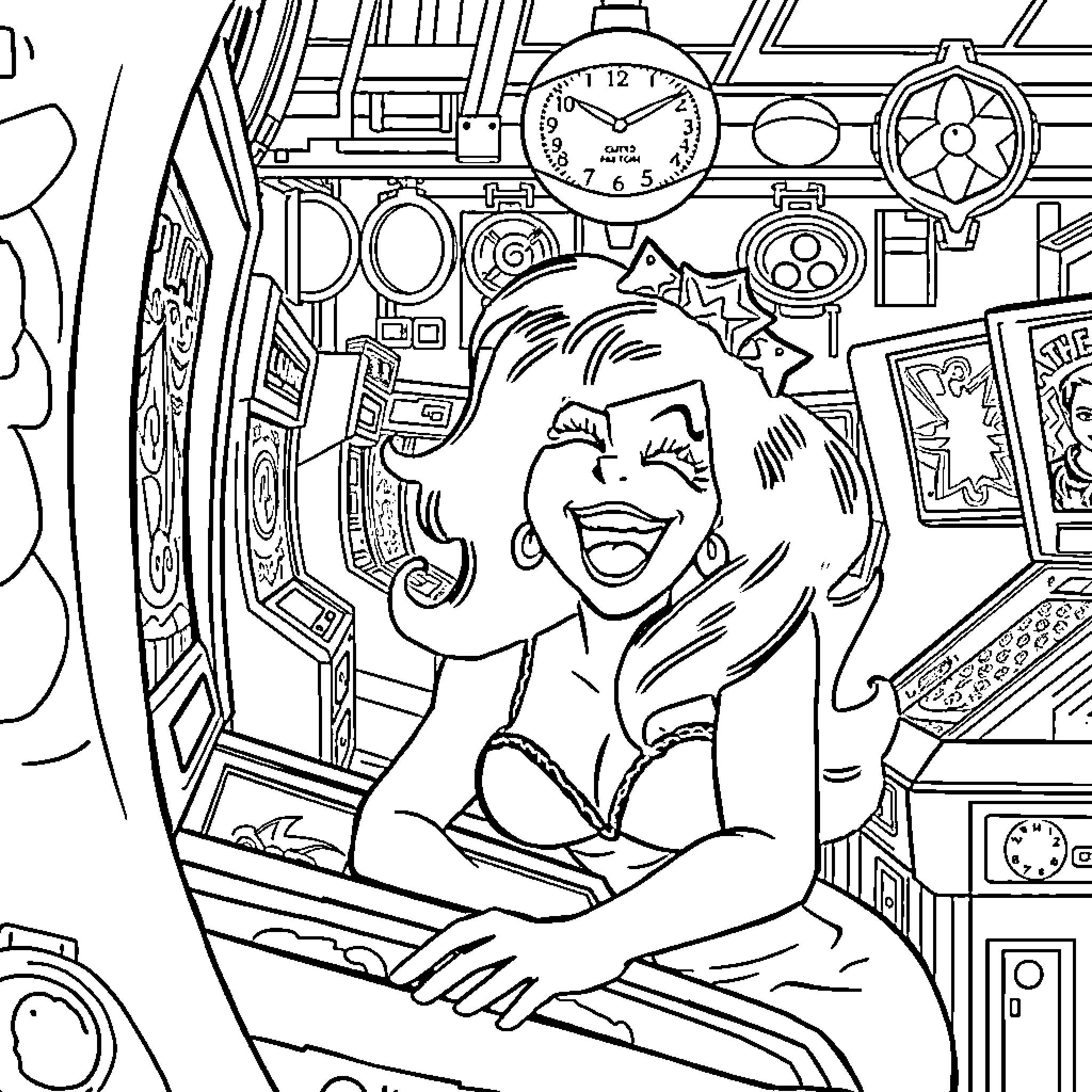 Elvira playing video games in retro arcade Coloring Page (free black-and-white line drawing printable PDF for all, from beginners to advanced learners, including children, teens, adults, and seniors)