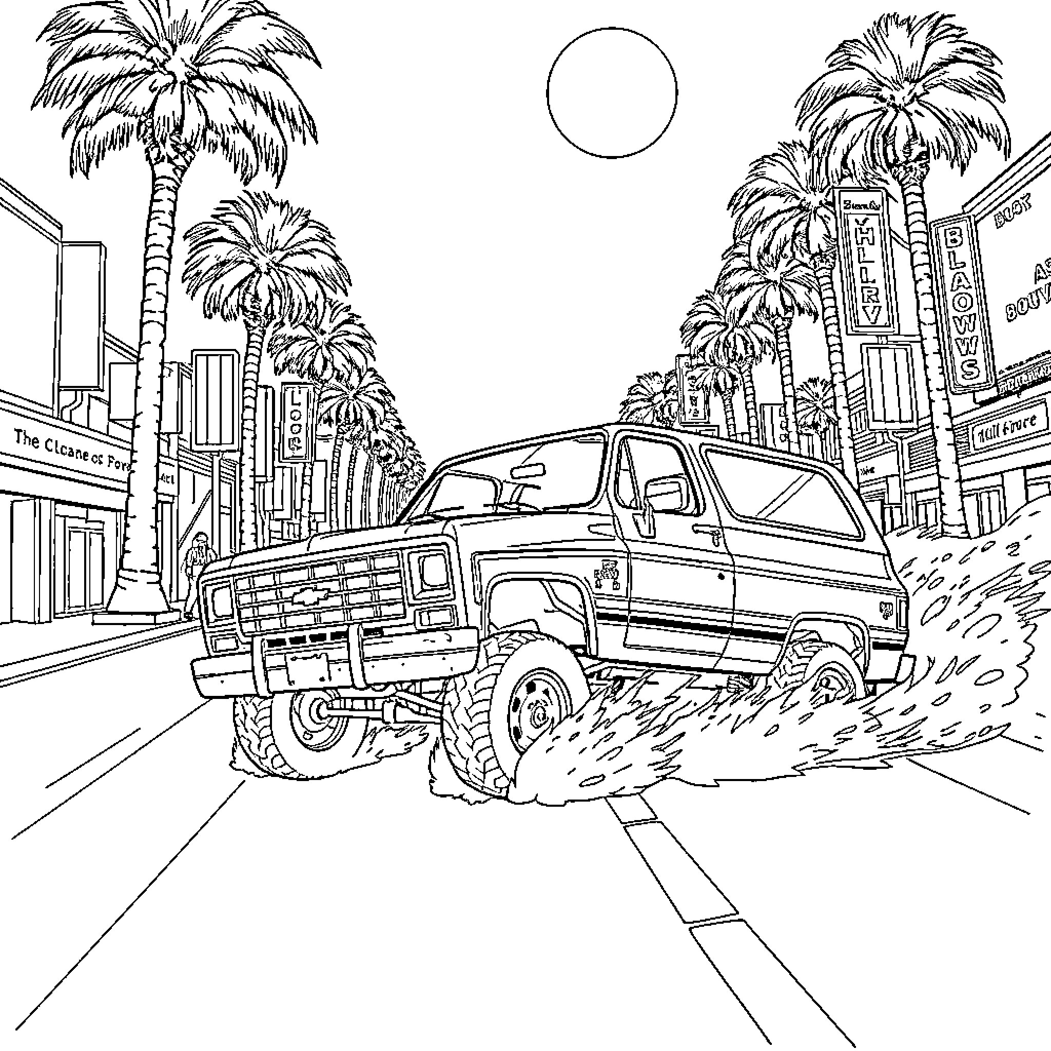 Chevy off-road truck exploring city streets Coloring Page (free black-and-white line drawing printable PDF for all, from beginners to advanced learners, including children, teens, adults, and seniors)