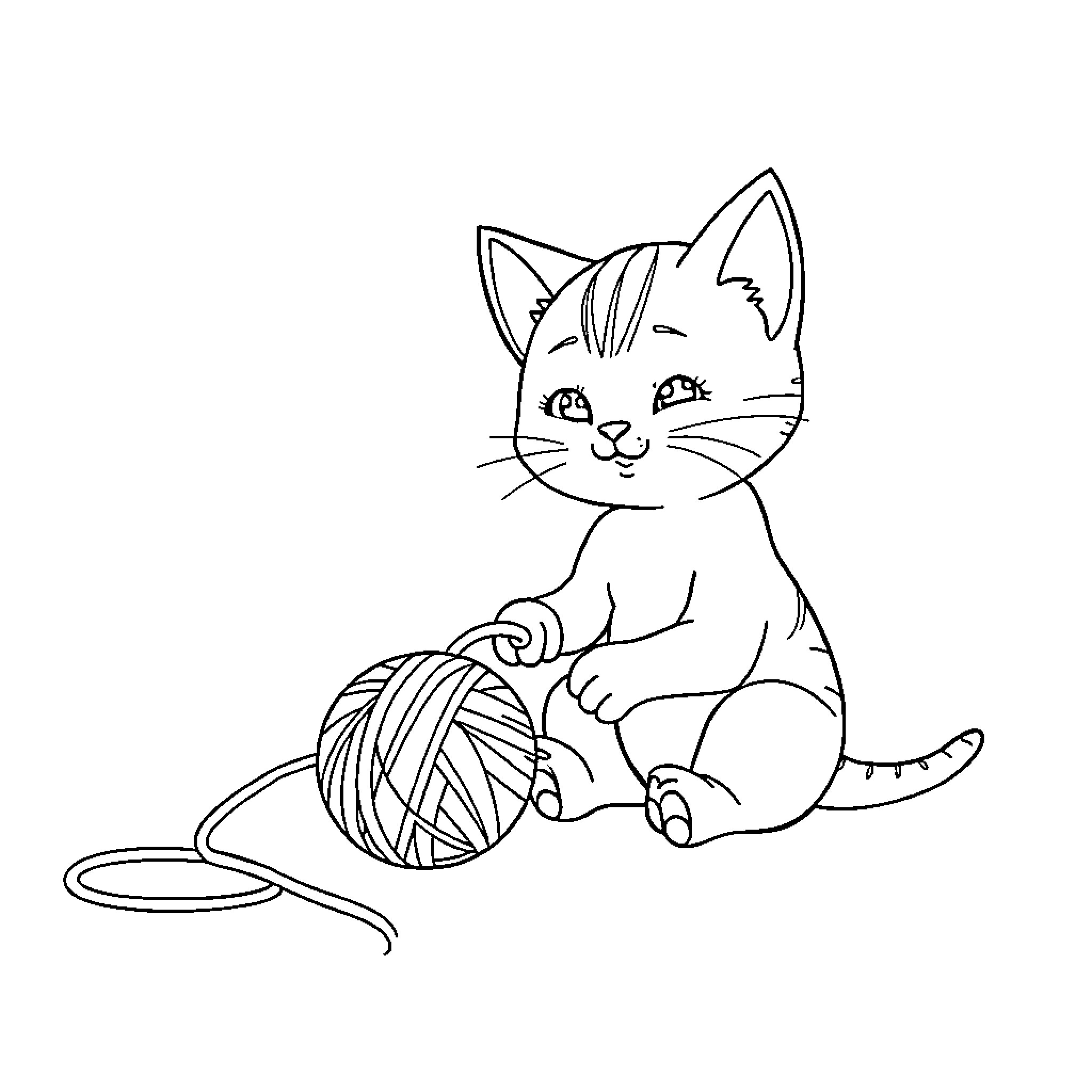 Cat playing with yarn ball Coloring Page (free black-and-white line drawing printable PDF for all, from beginners to advanced learners, including children, teens, adults, and seniors)