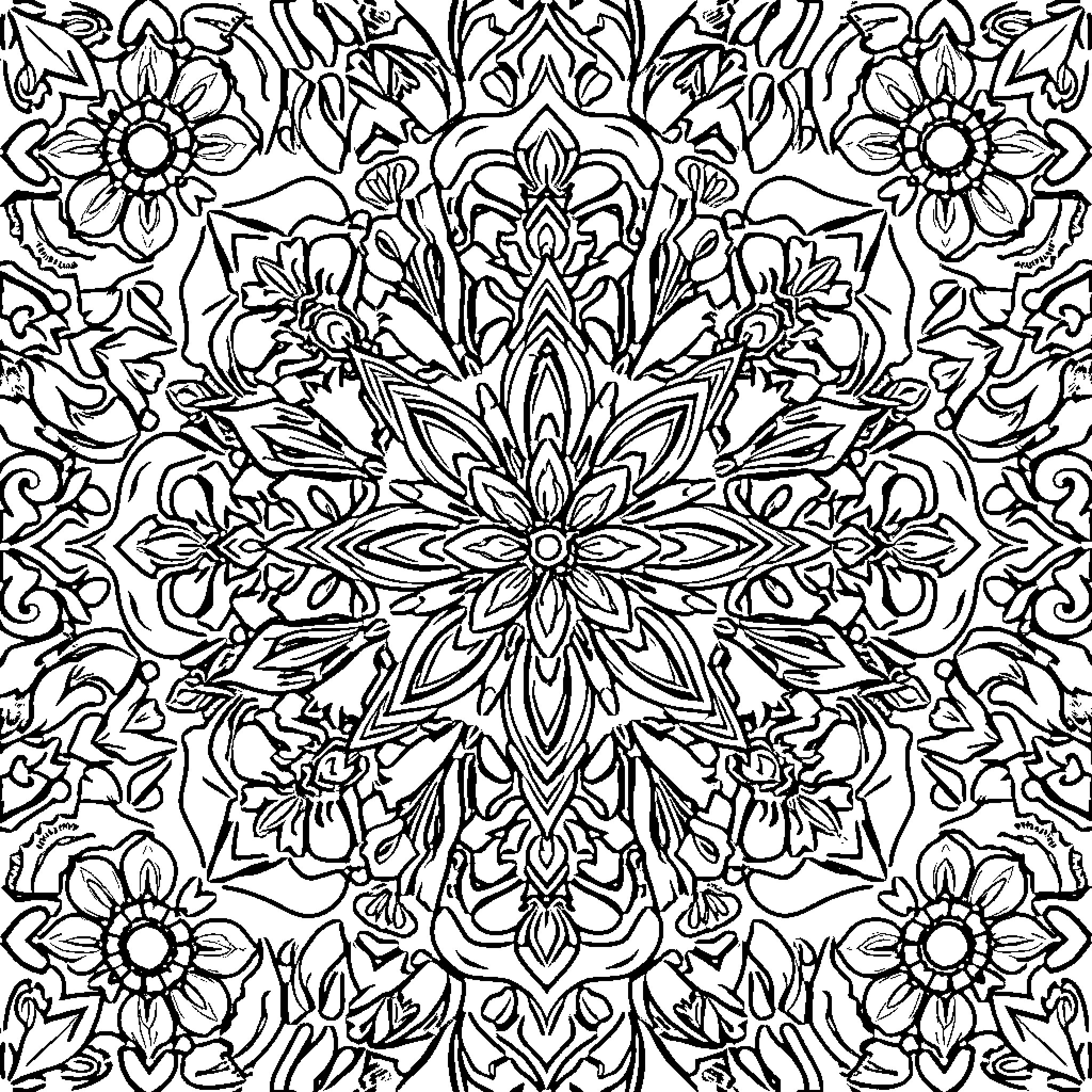 Tessellation of intricate floral and geometric patterns Coloring Page (free black-and-white line drawing printable PDF for all, from beginners to advanced learners, including children, teens, adults, and seniors)