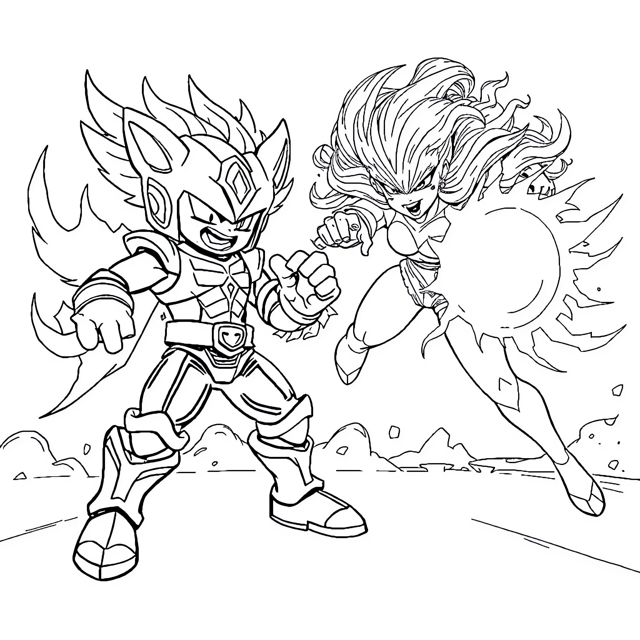 Okarun's Heroic Showdown in a Vibrant Landscape Coloring Page (free black-and-white line drawing printable PDF for all, from beginners to advanced learners, including children, teens, adults, and seniors)
