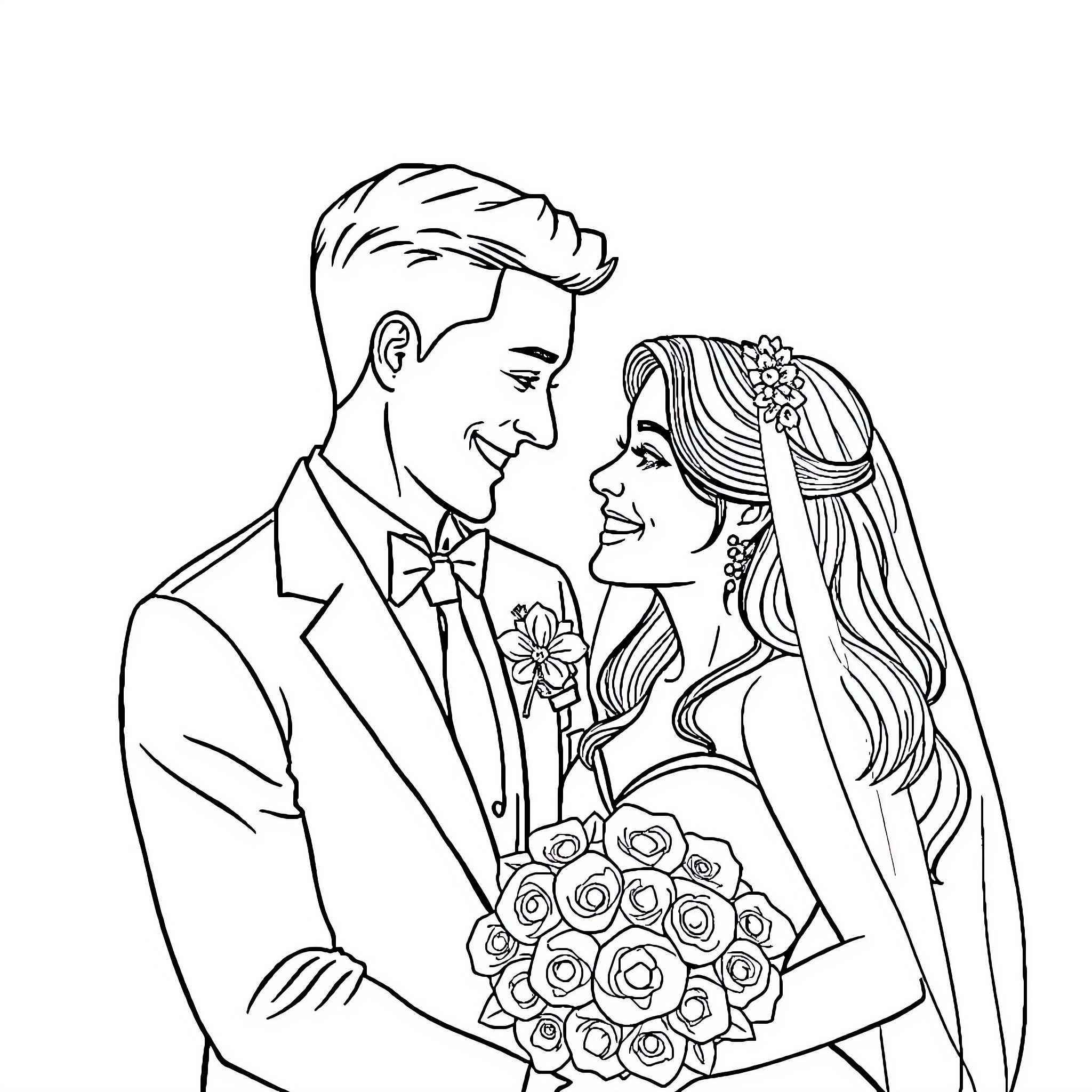 Couple exchanging affectionate glances on their wedding day Coloring Page (free black-and-white line drawing printable PDF for all, from beginners to advanced learners, including children, teens, adults, and seniors)