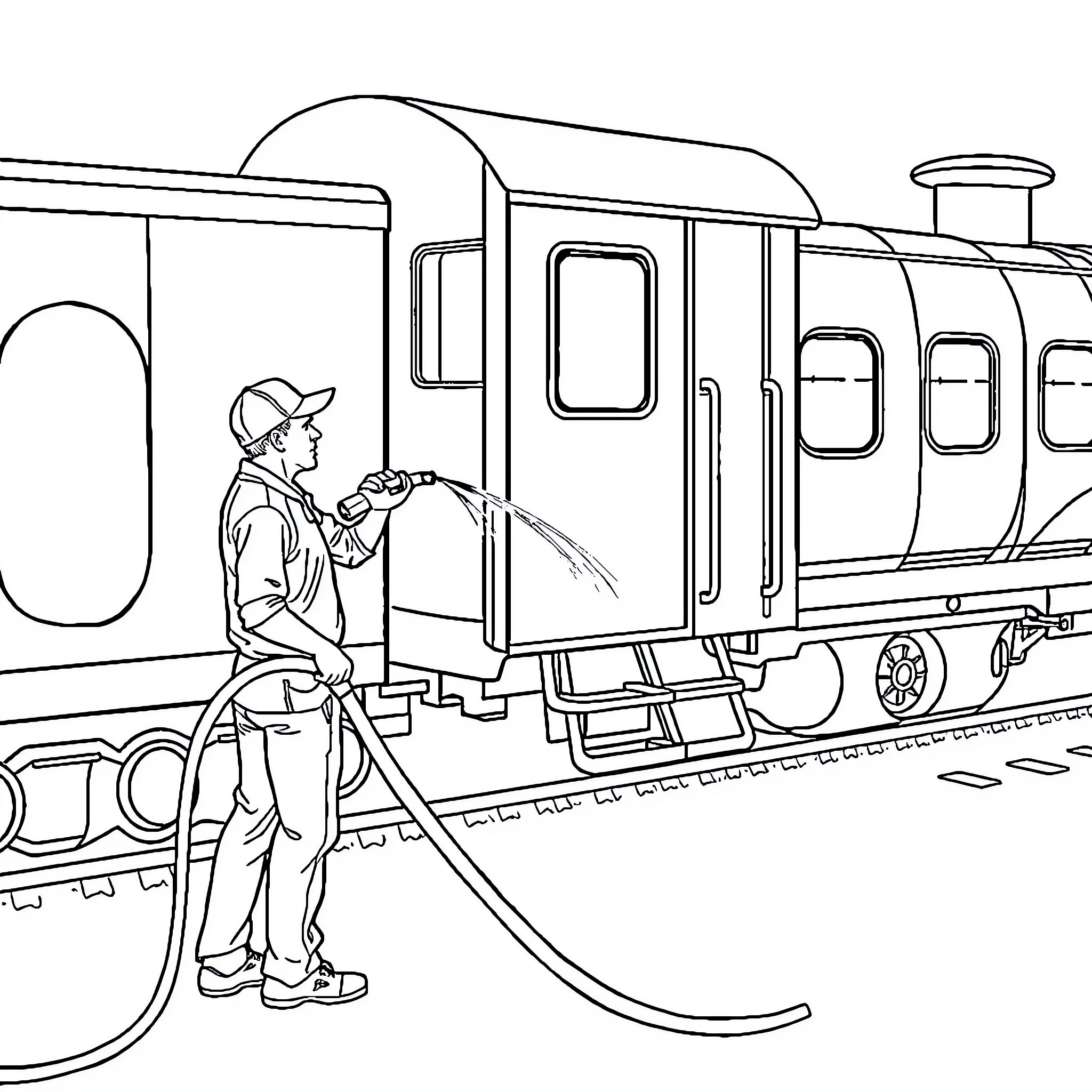 Guy operating a train with hose Coloring Page (free black-and-white line drawing printable PDF for all, from beginners to advanced learners, including children, teens, adults, and seniors)
