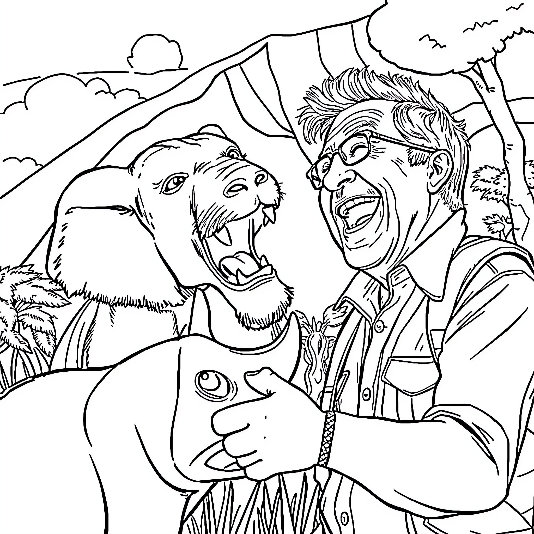 Robin Williams and a Bear in a Playful Outdoor Scene Coloring Page (free black-and-white line drawing printable PDF for all, from beginners to advanced learners, including children, teens, adults, and seniors)