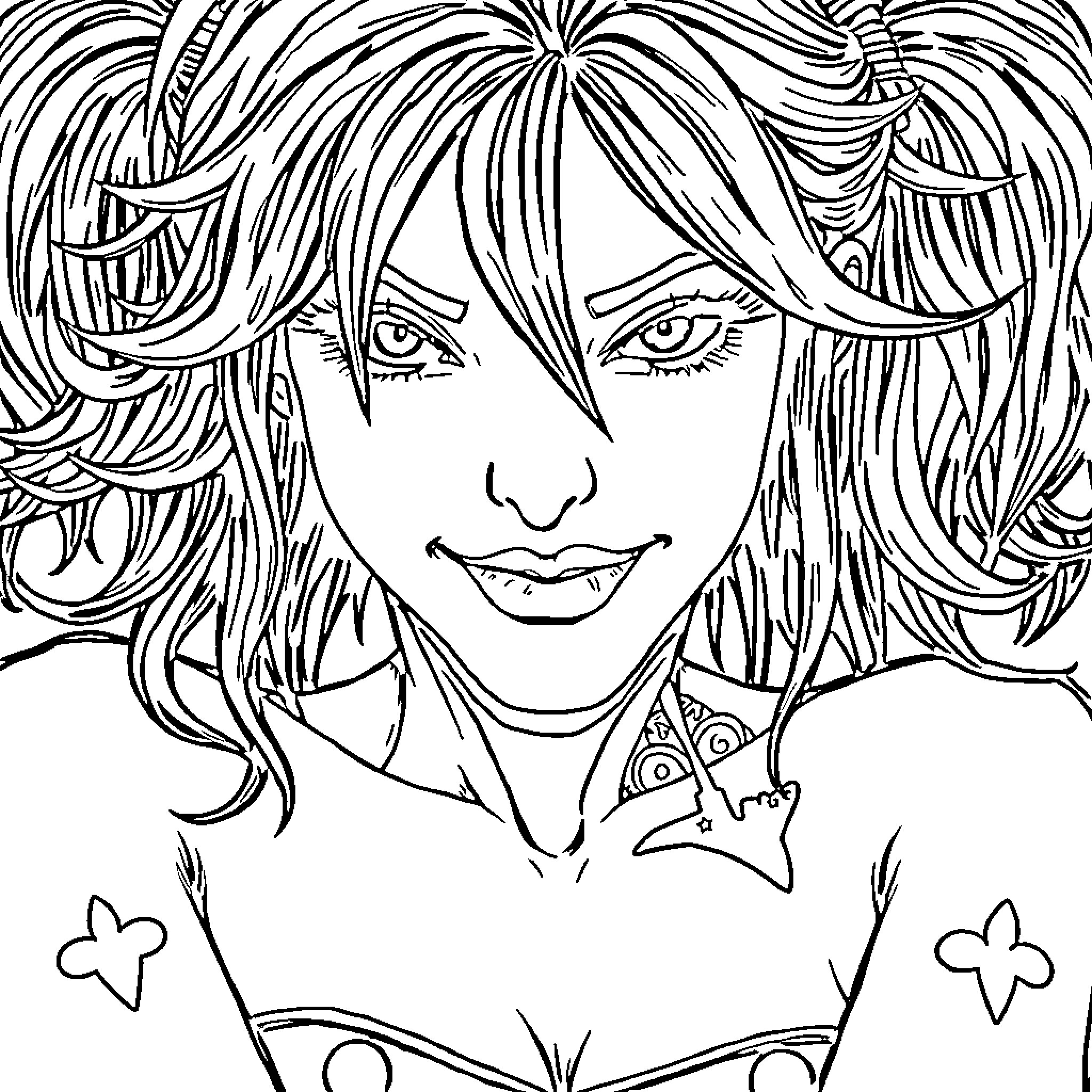 Harley Quinn's Intense Gaze and Expressive Makeup Coloring Page (free black-and-white line drawing printable PDF for all, from beginners to advanced learners, including children, teens, adults, and seniors)